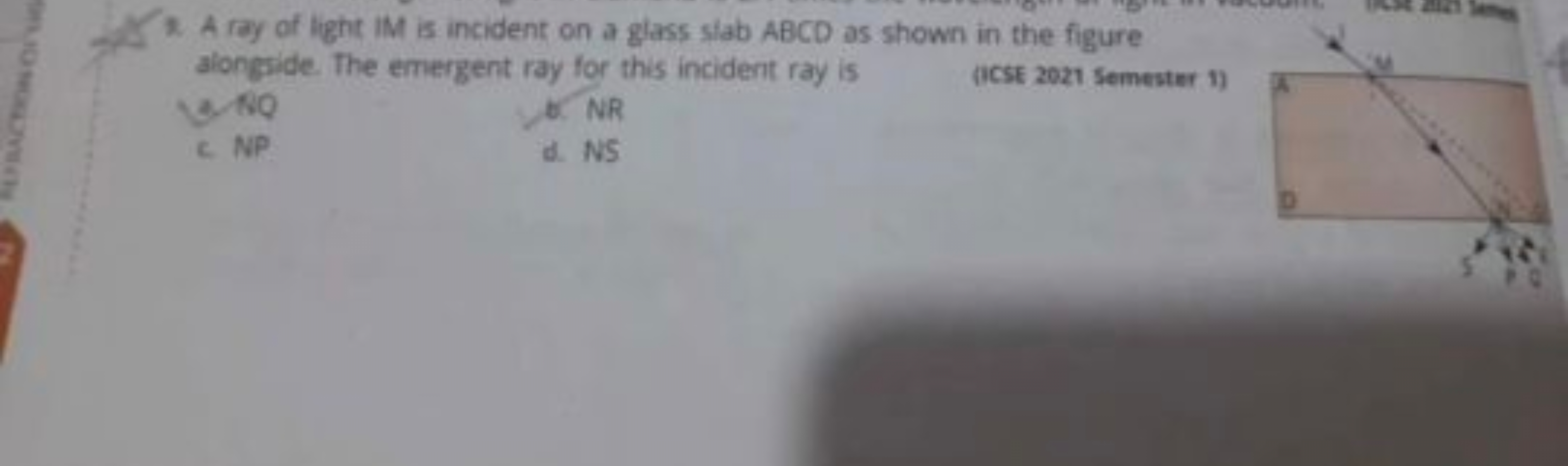 2. A ray of light IM is incident on a glass slab ABCD as shown in the 