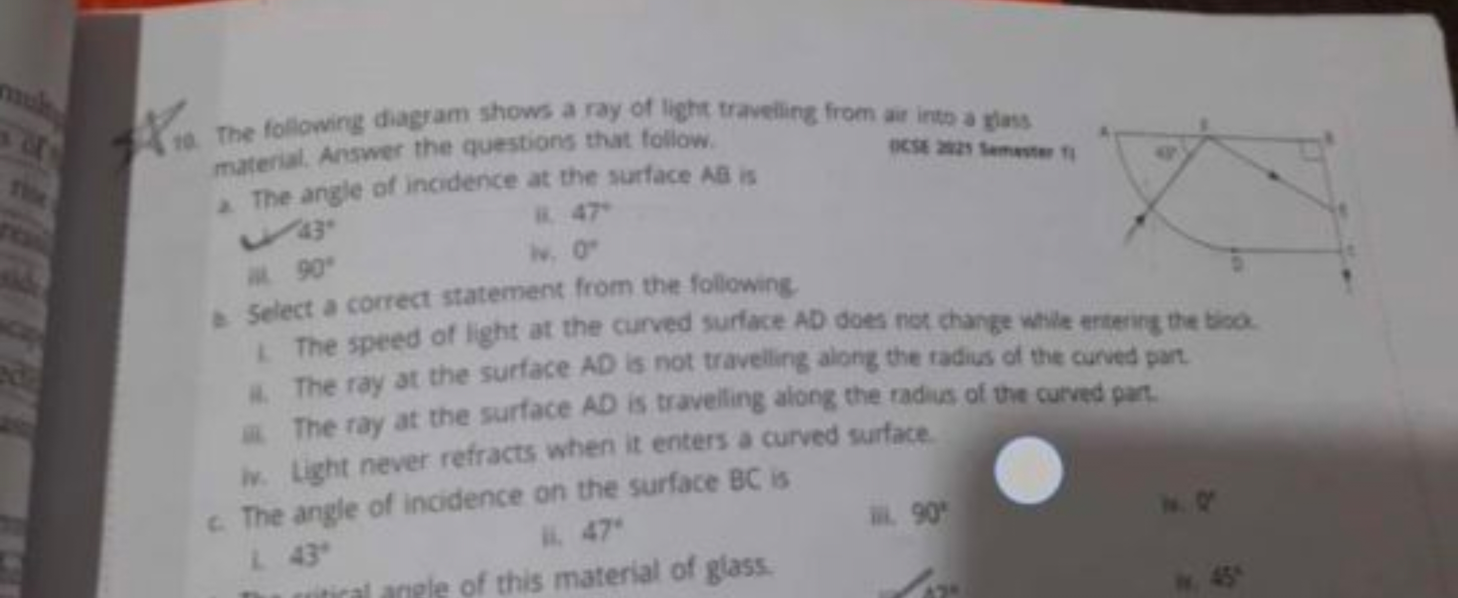 10. The following diagram shows a ray of light traveling from air inth