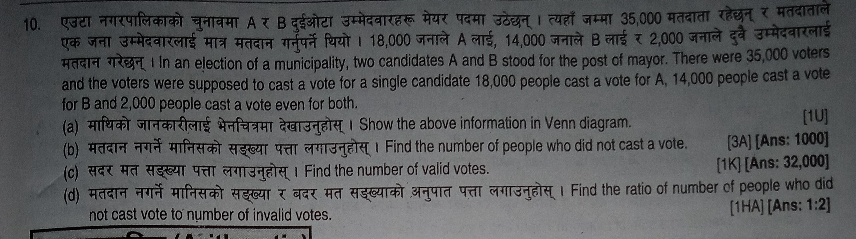 10. एउटा नगरपालिकाको चुनावमा A ₹ B दुईओटा उम्मेदवारहरू मेयर पदमा उठेछन