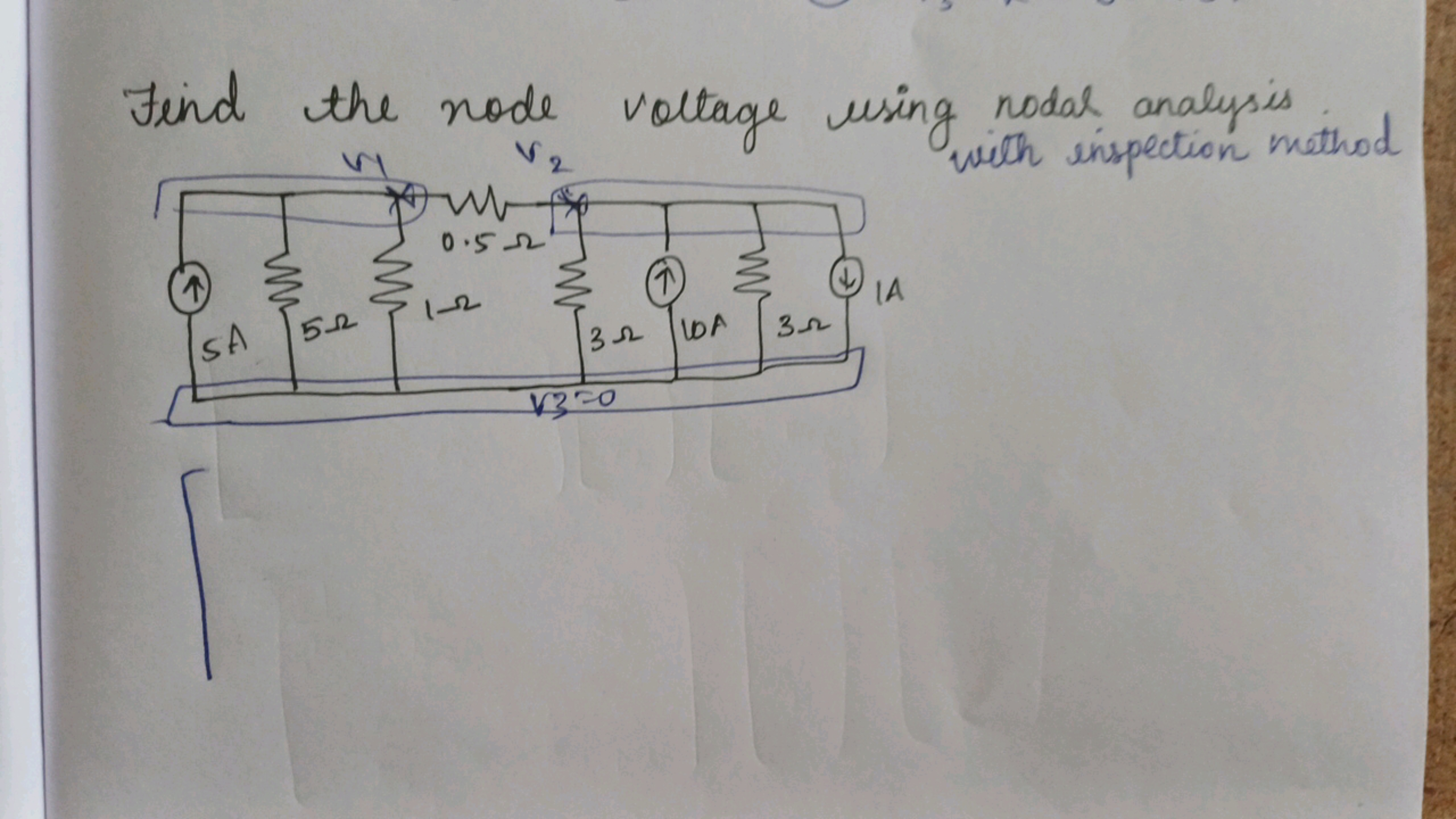 Find the node voltage using nodal analysis v2​ with inspection method