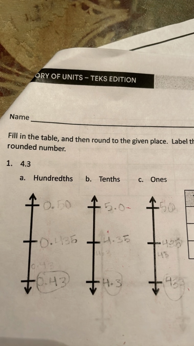 ORY OF UNITS - TEKS EDITION

Name

Fill in the table, and then round t