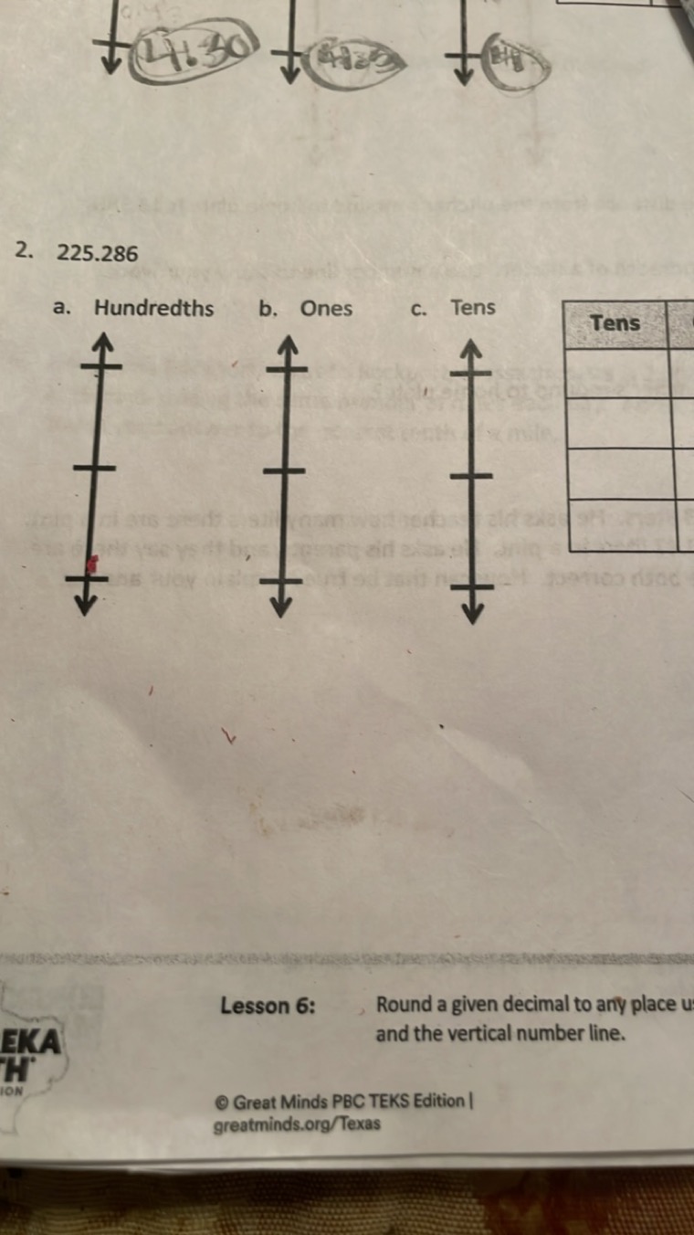 1+301​¬ (433 ‡ (1) 
2. 225.286
a. Hundredths
b. Ones
c. Tens