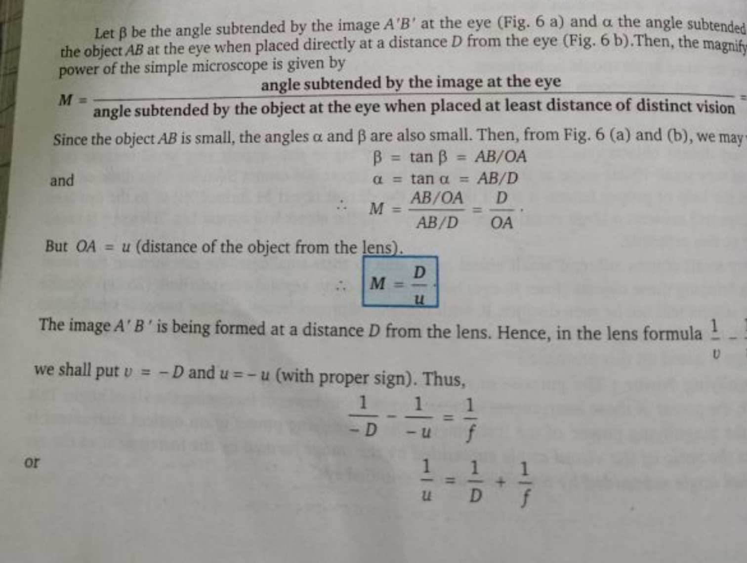 Let β be the angle subtended by the image A′B′ at the eye (Fig. 6 a) a