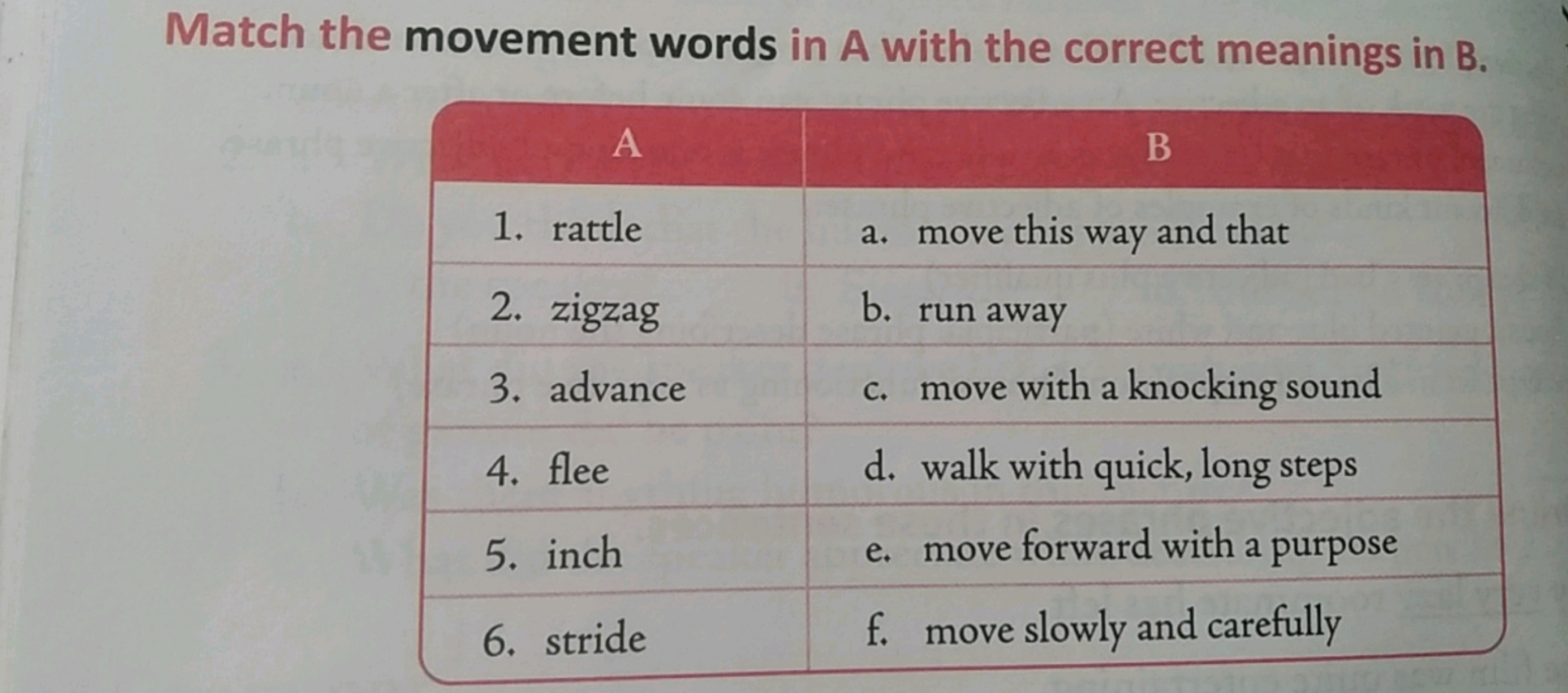 Match the movement words in A with the correct meanings in B.
A
1. rat