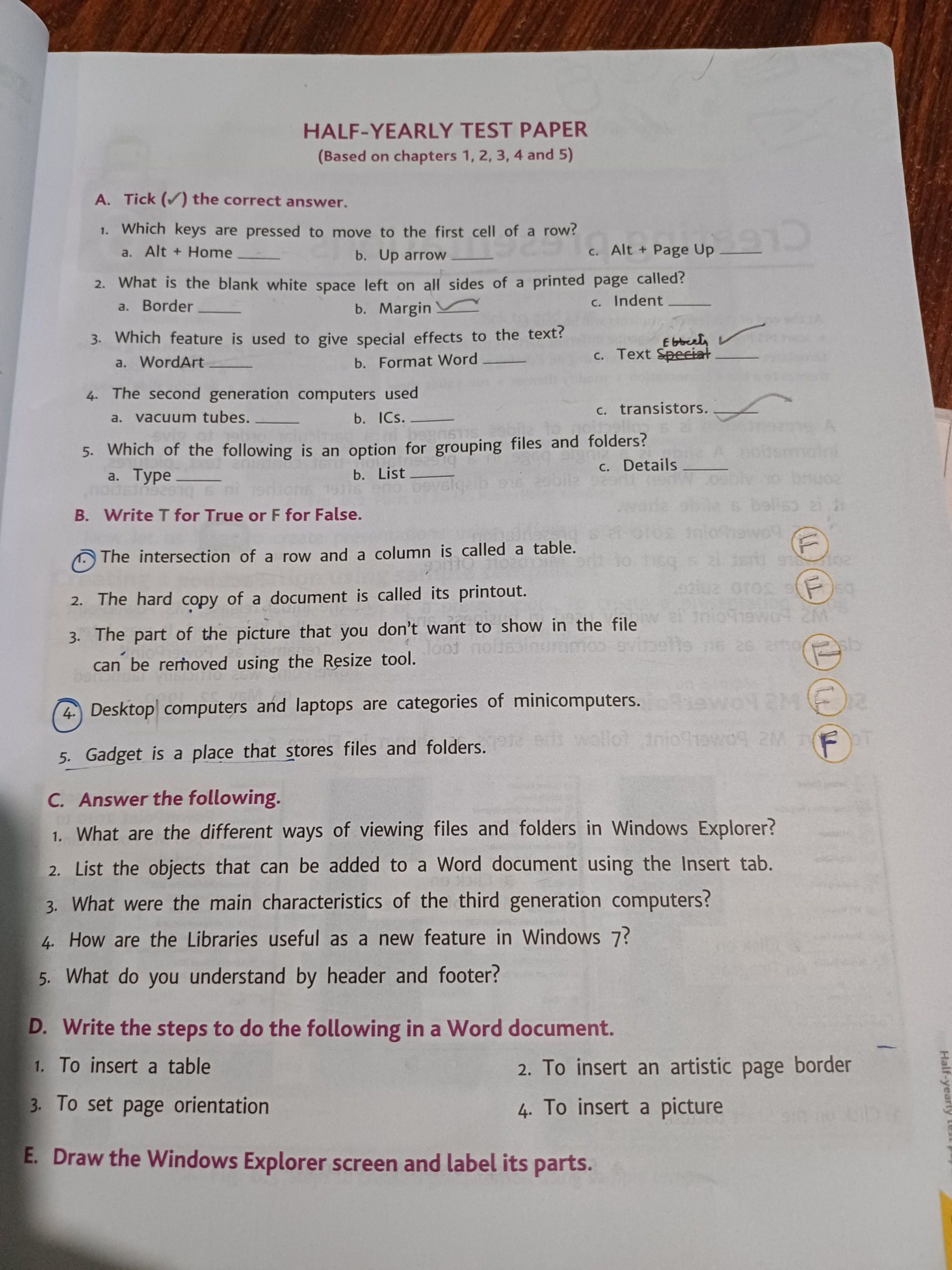 HALF-YEARLY TEST PAPER
(Based on chapters 1, 2, 3, 4 and 5)
A. Tick (Ω