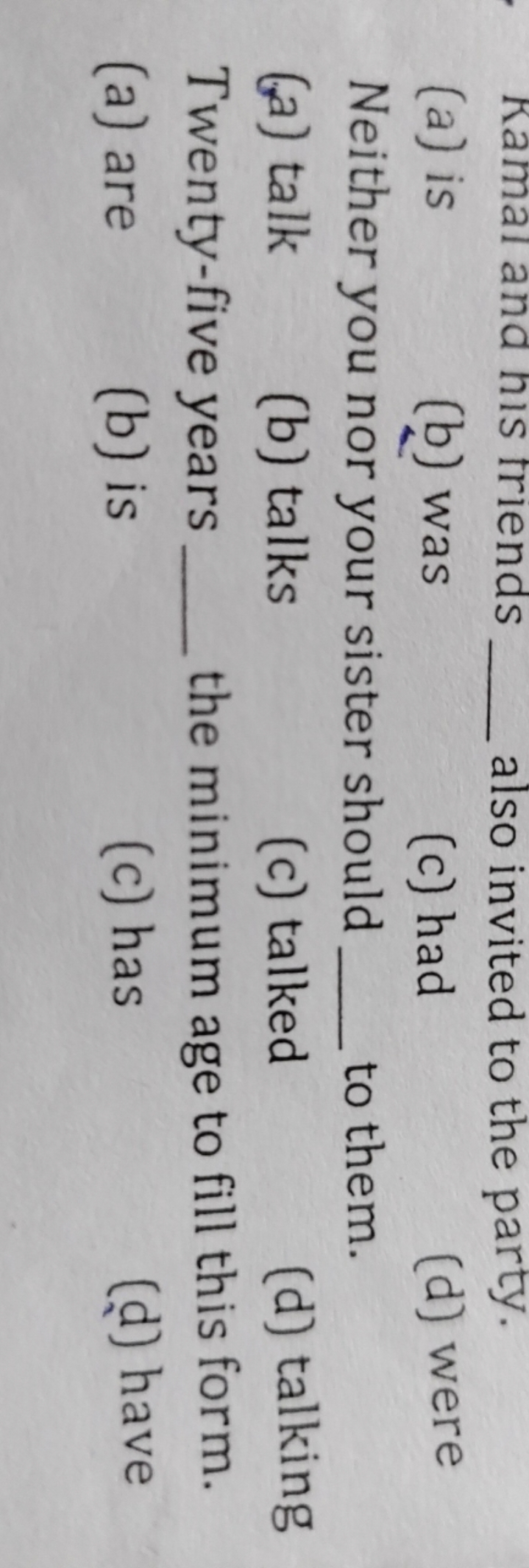 Kamal and his friends  also invited to the party.
(a) is
(b) was
(c) h