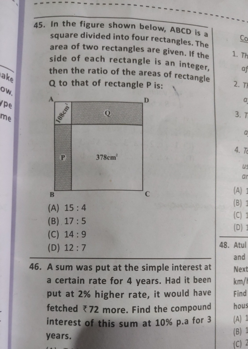 45. In the figure shown below, ABCD is a square divided into four rect