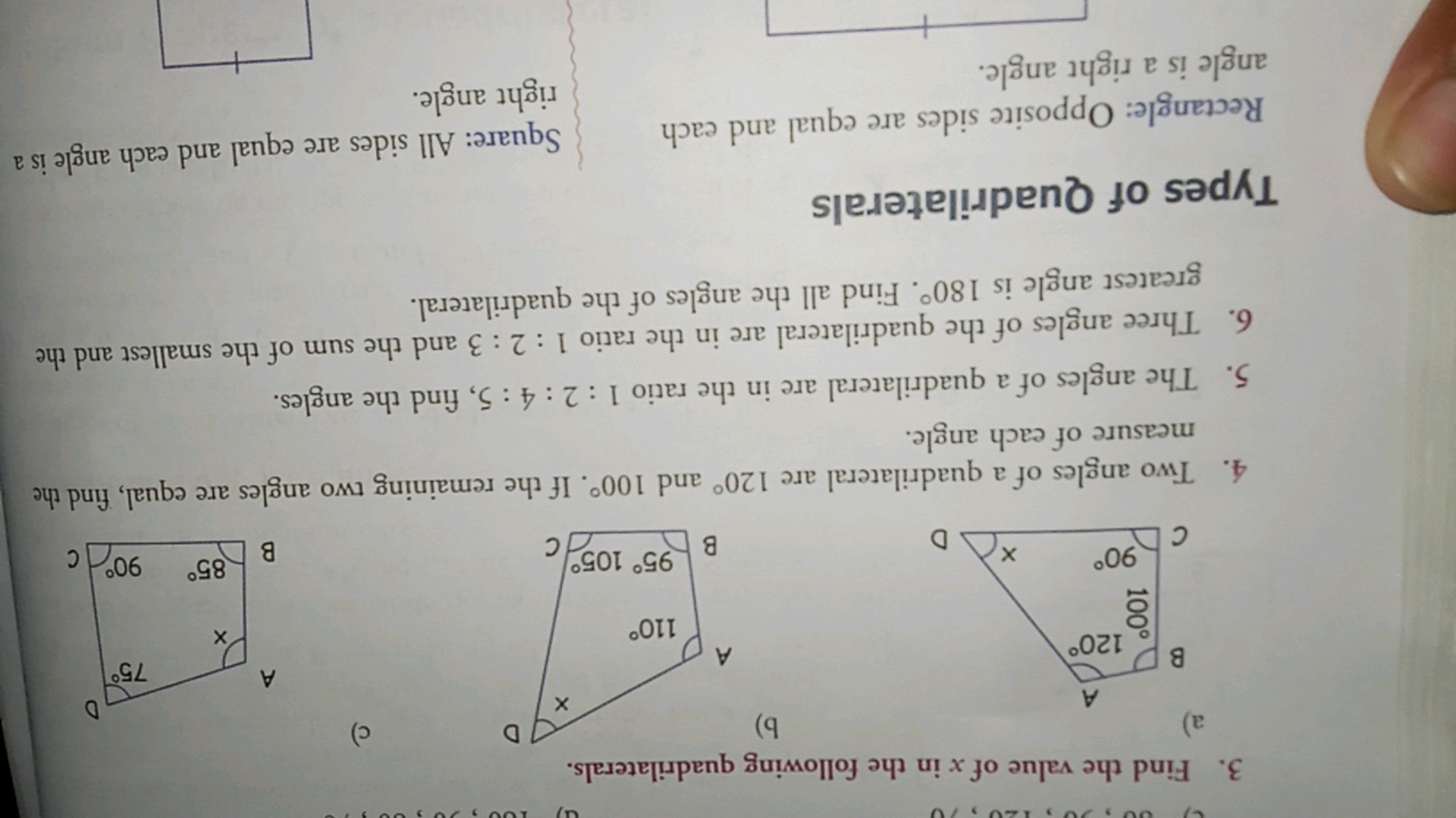 3. Find the value of x in the following quadrilaterals.
a)
b)
c)
4. Tw