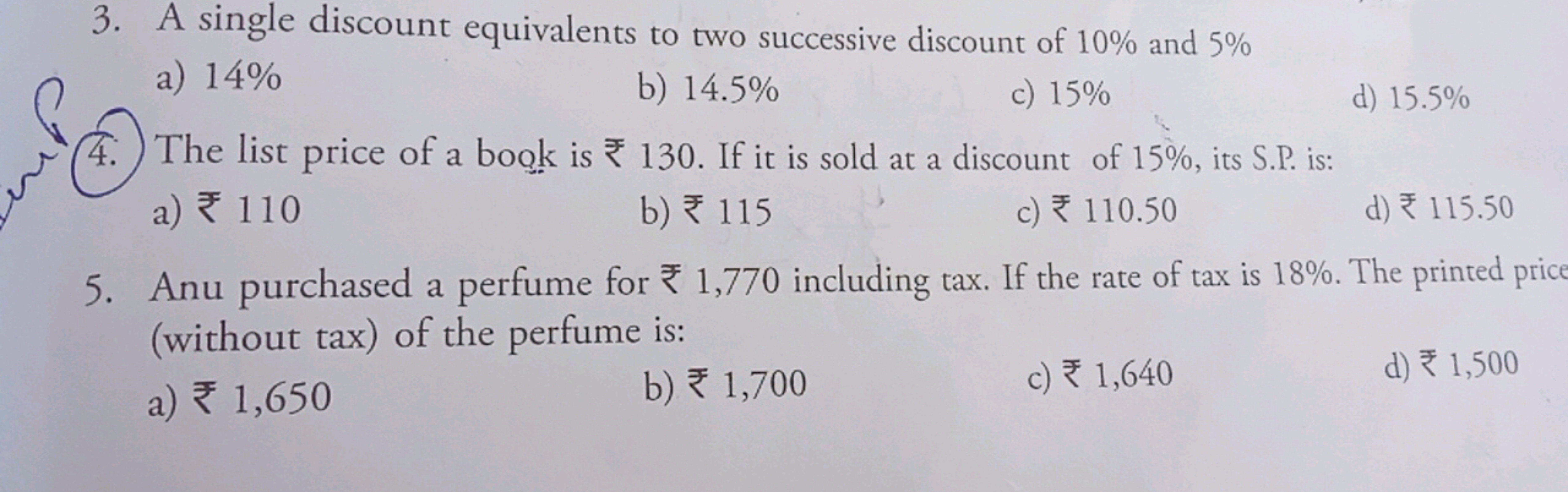 3. A single discount equivalents to two successive discount of 10% and