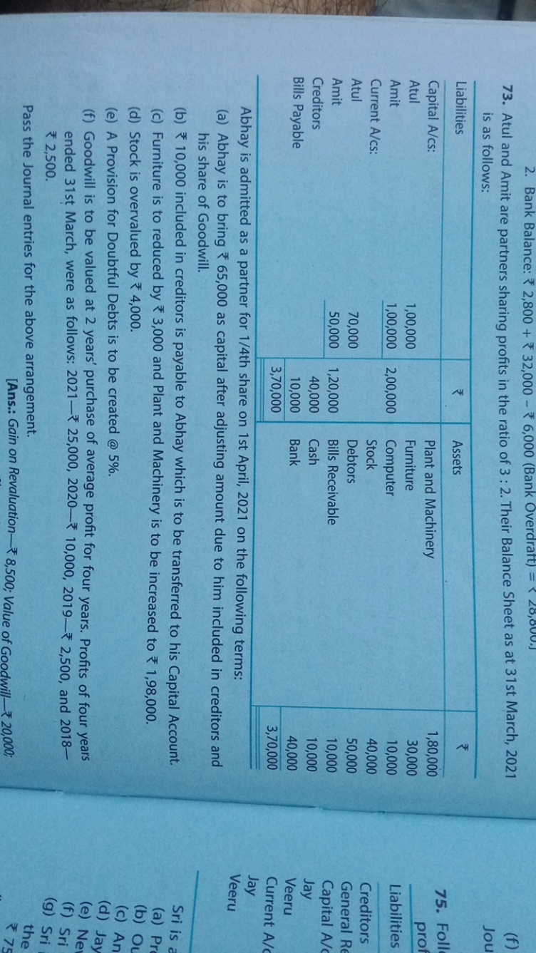 2. Bank Balance: ₹ 2,800+₹32,000−₹6,000 (Bank Overdraft) =
73. Atul an