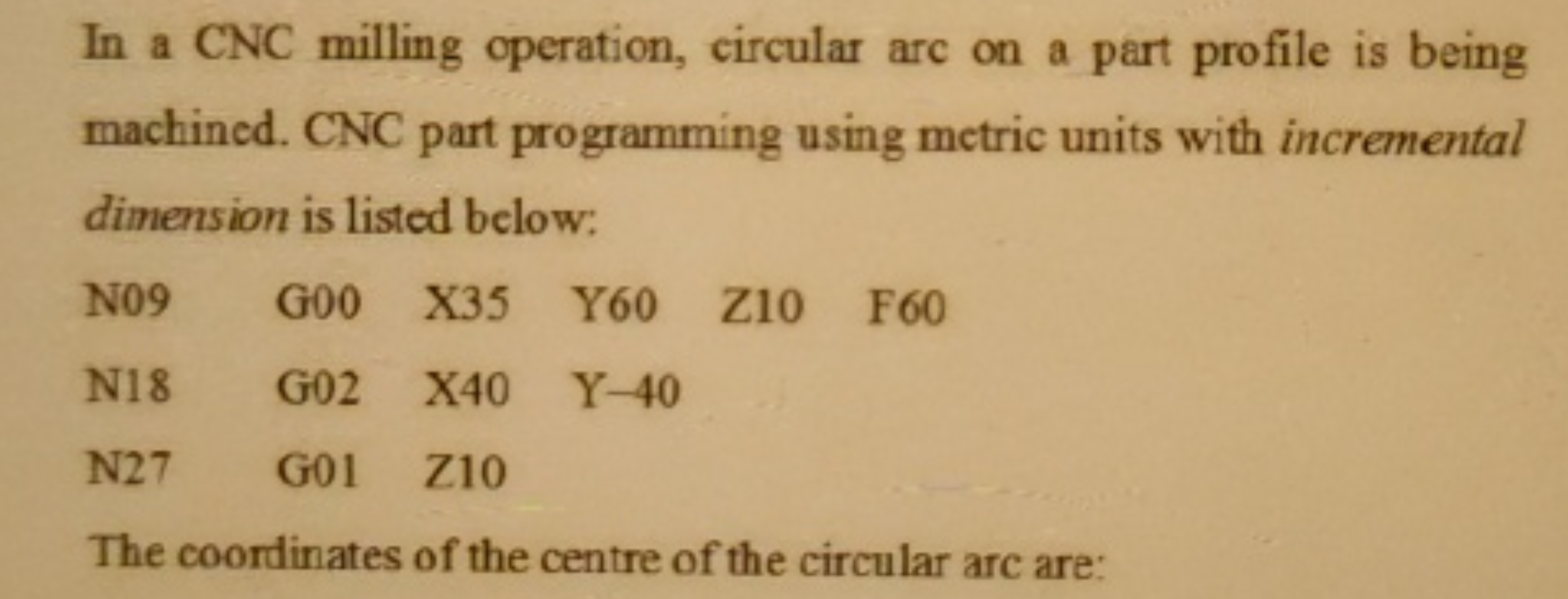 In a CNC milling operation, circular arc on a part profile is being ma