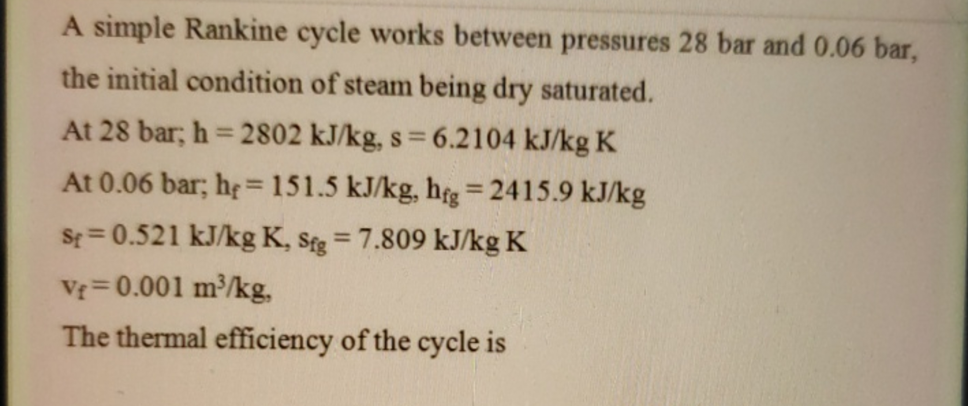 A simple Rankine cycle works between pressures 28 bar and 0.06 bar , t