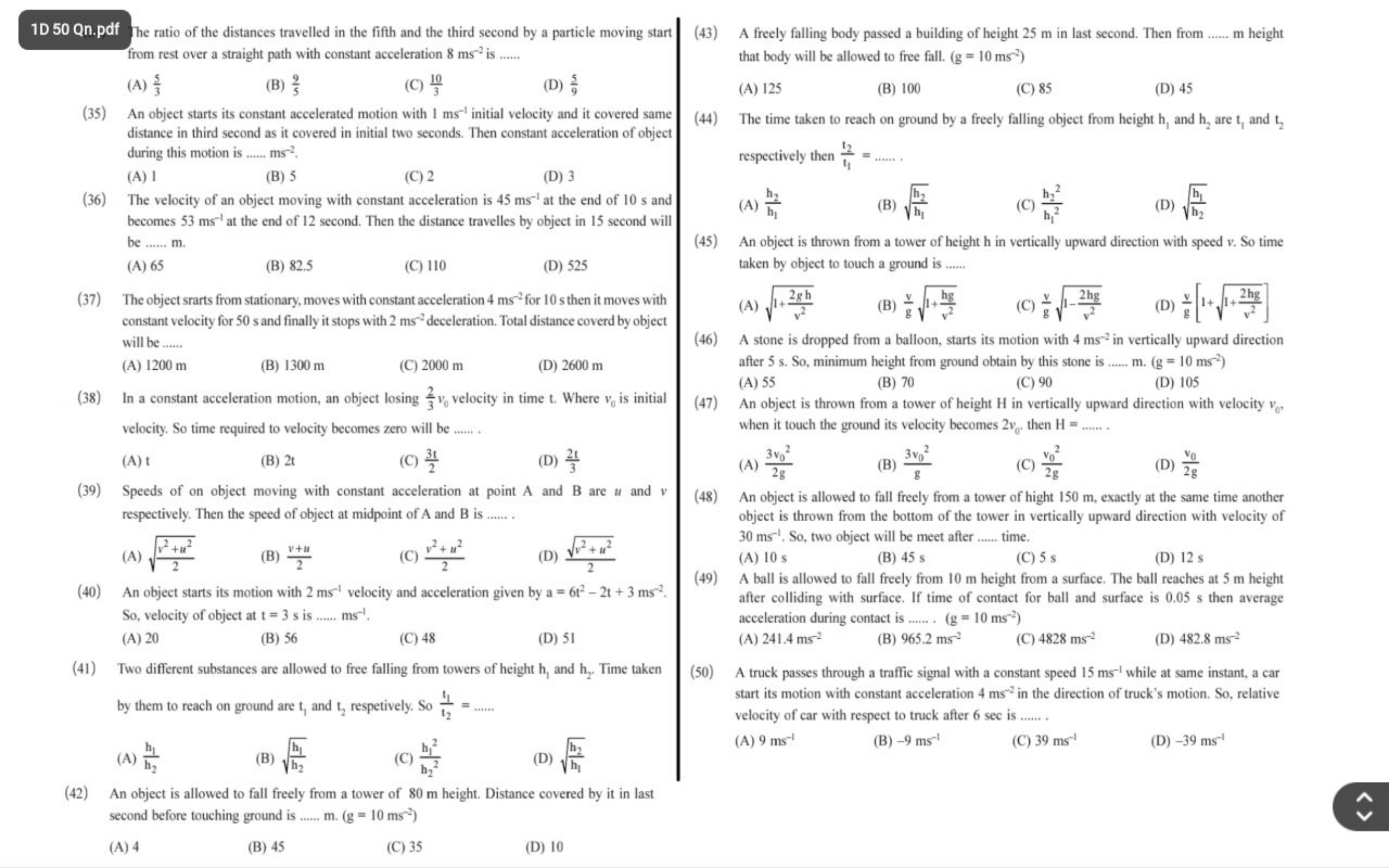 1D 50 Qn.pdf the ratio of the distances travelled in the fifth and the