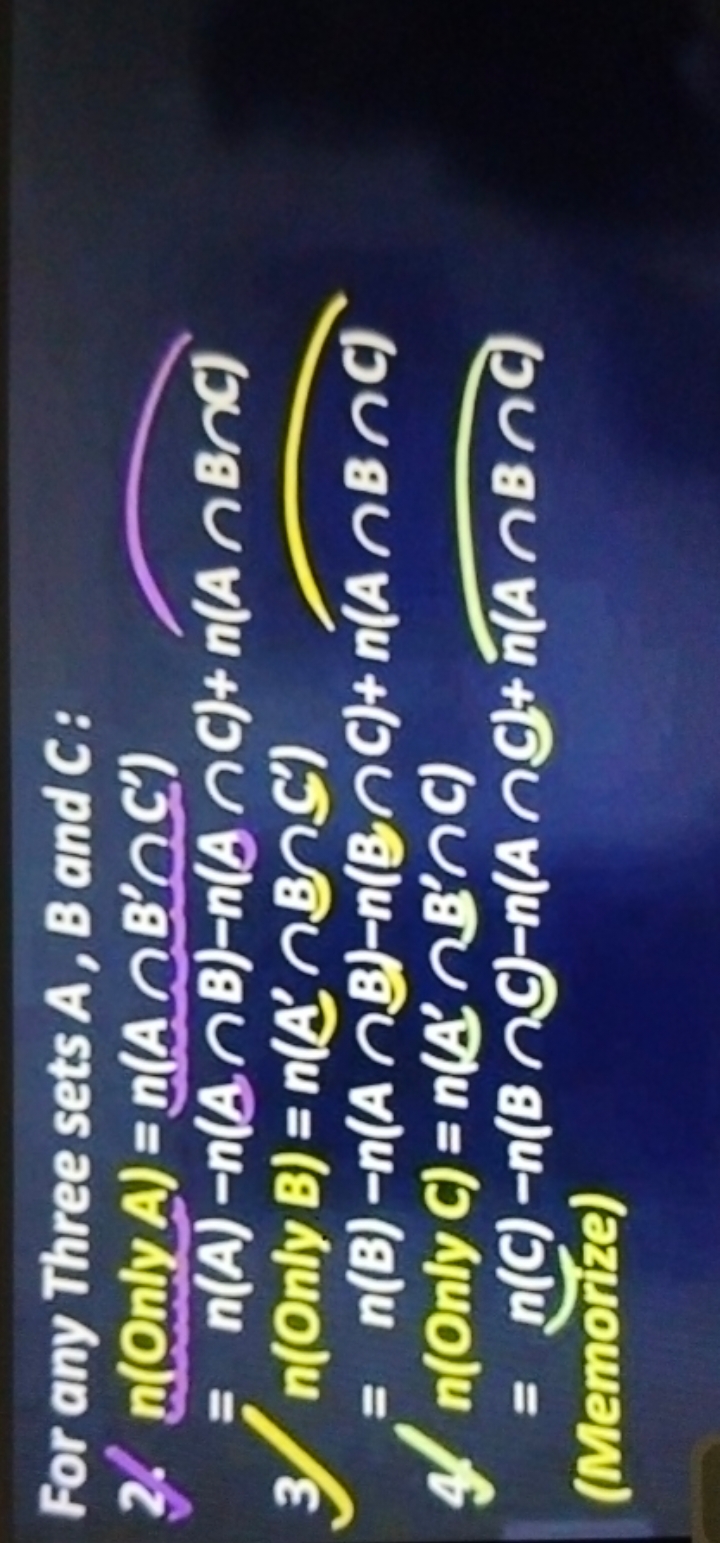 For any Three sets A, B and C:
2. n(OnlyA)=n(A∩B′∩C′)
=n(A)−n(A∩B)−n(B