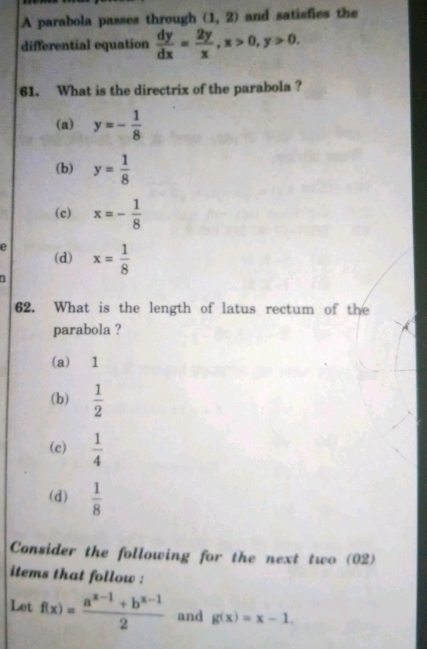 A parabola passes through (1,2) and satiafies the differential equatio