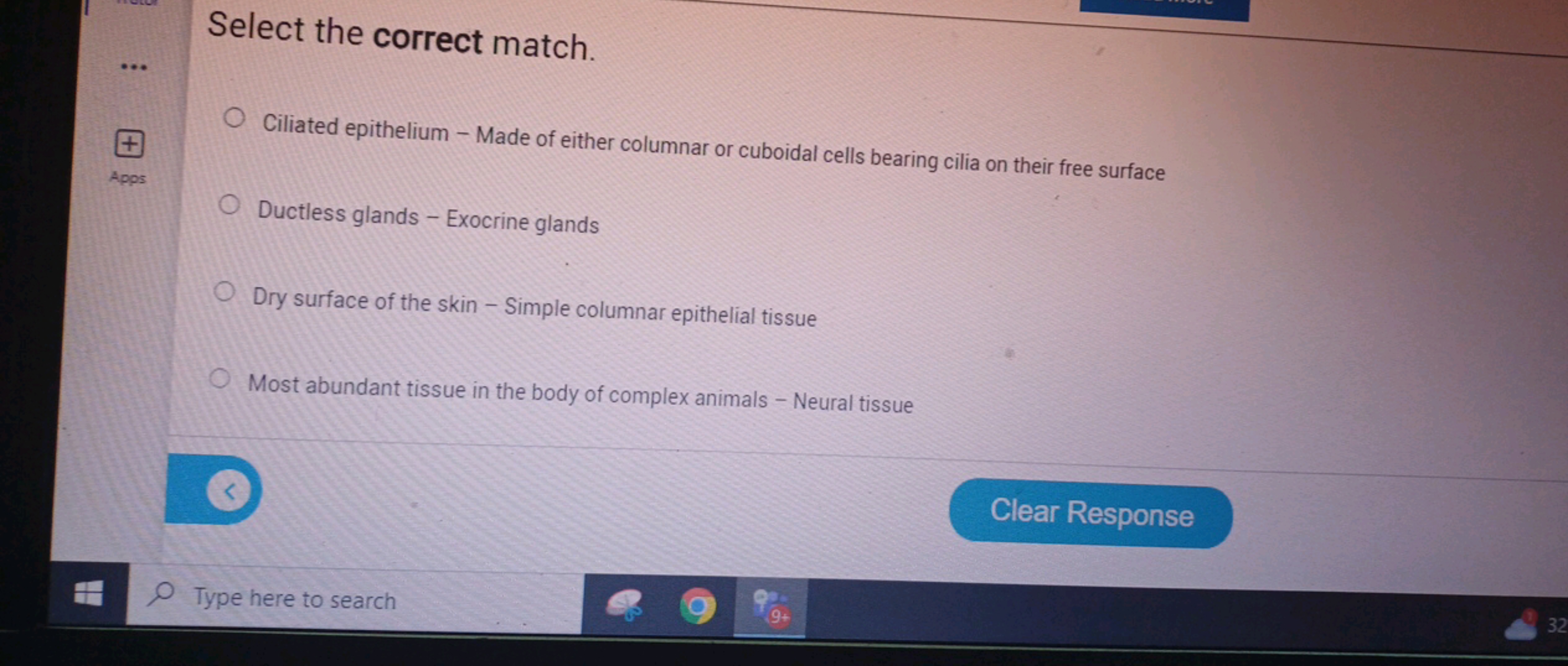 Select the correct match.
Apps
Ciliated epithelium - Made of either co