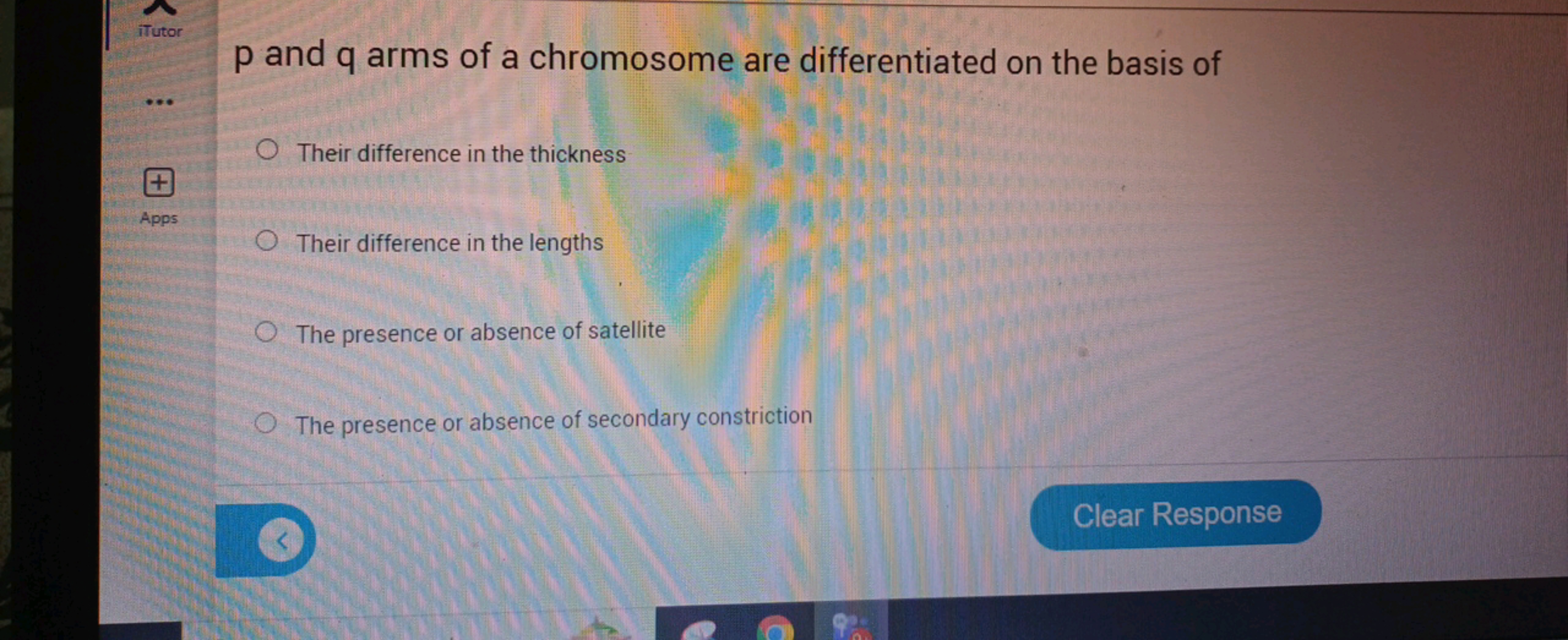 iTutor
p and q arms of a chromosome are differentiated on the basis of