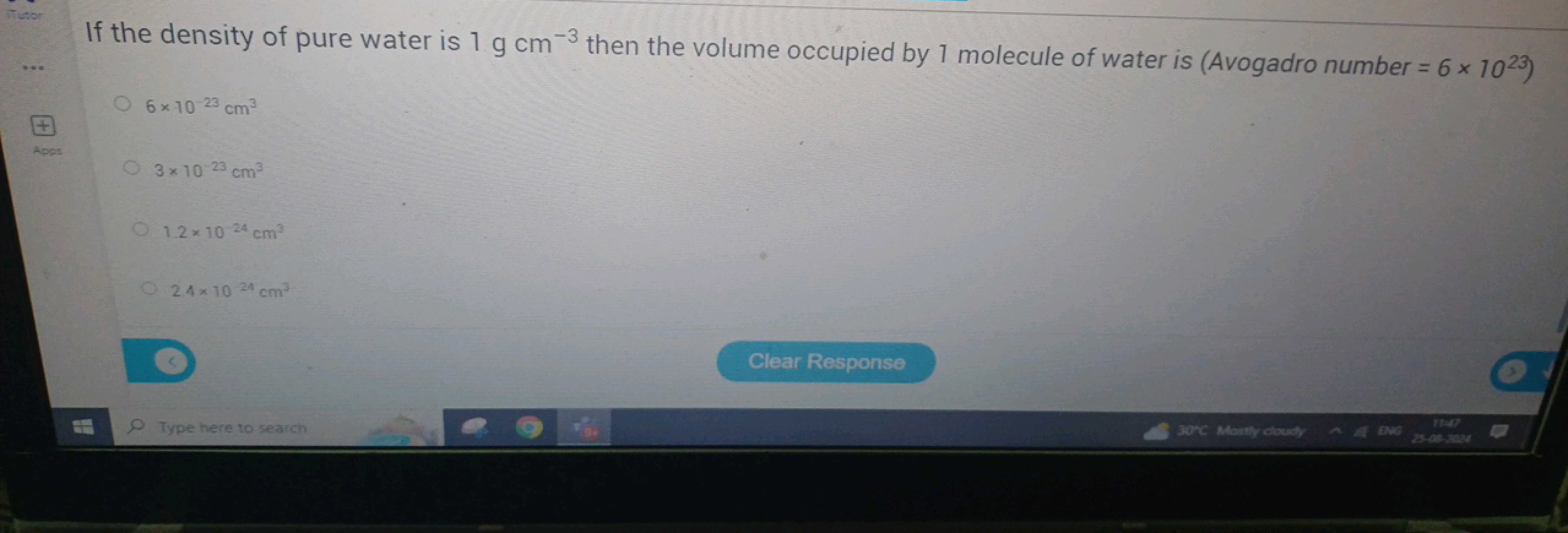 Tutor
Apps
3
If the density of pure water is 1 g cm³ then the volume o