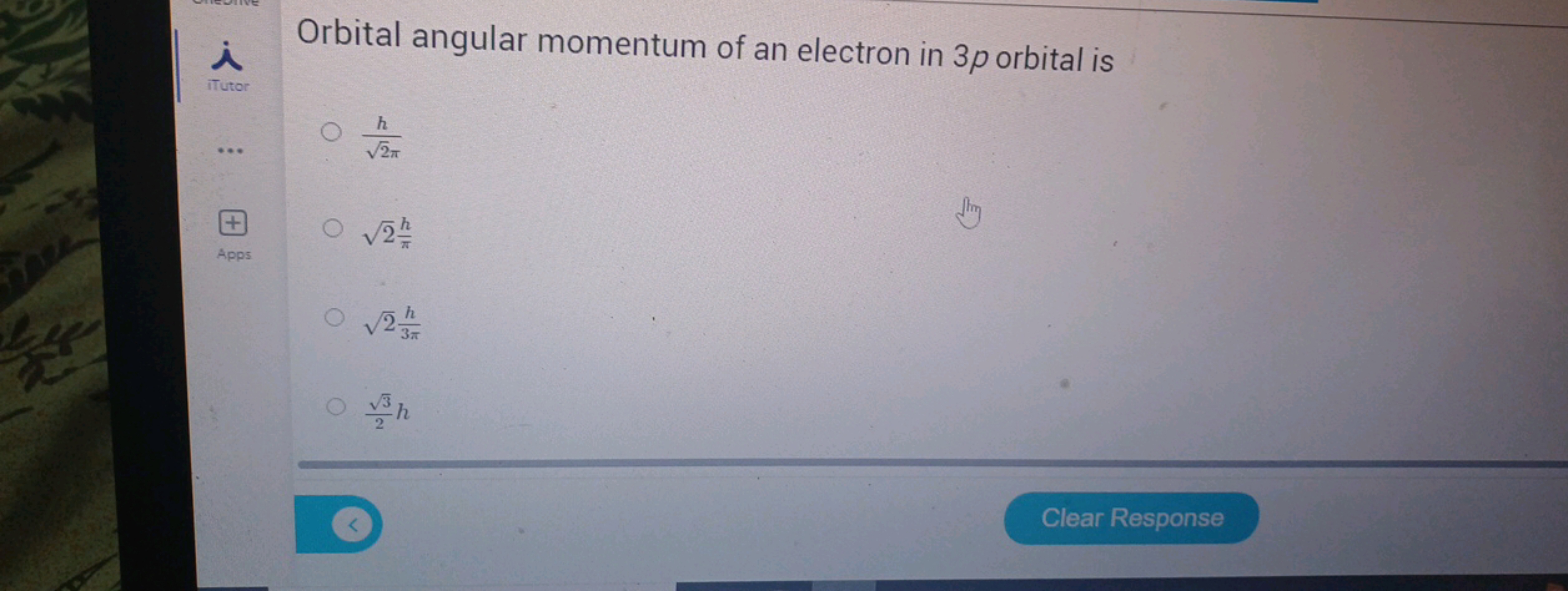 Orbital angular momentum of an electron in 3p orbital is
2π​h​
2​πh​
2