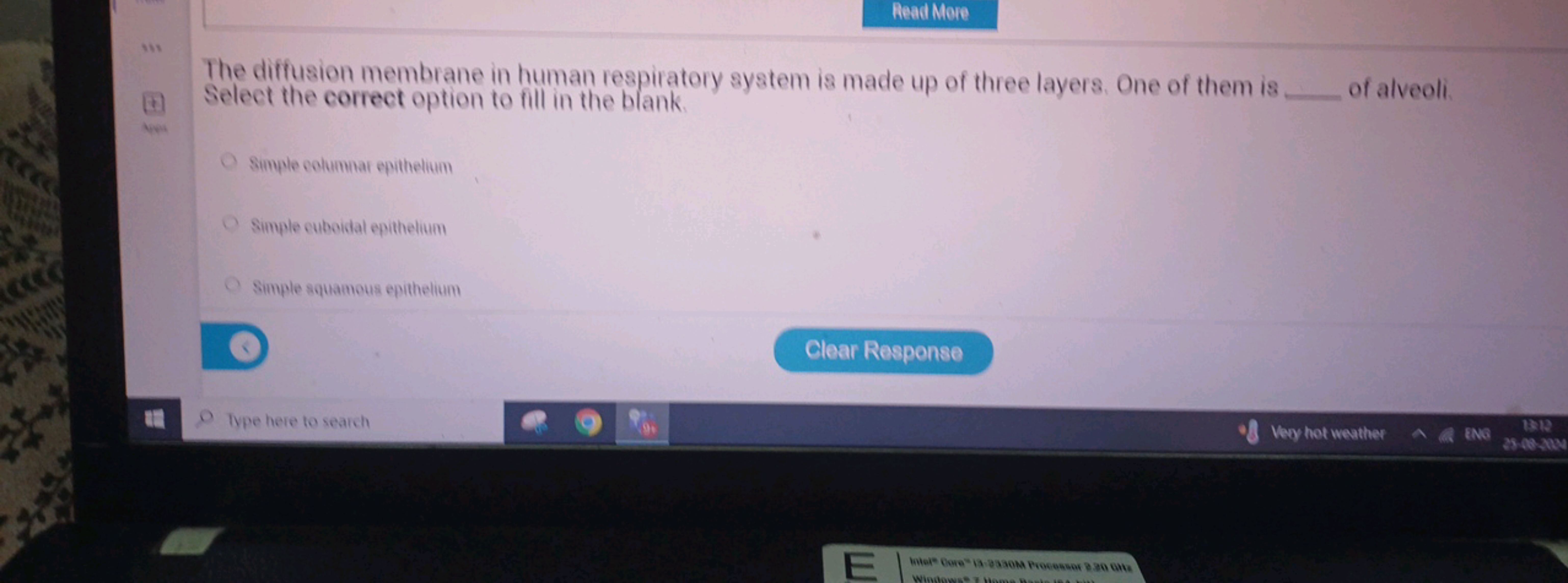 Read More
(7)
The diffusion membrane in human respiratory system is ma