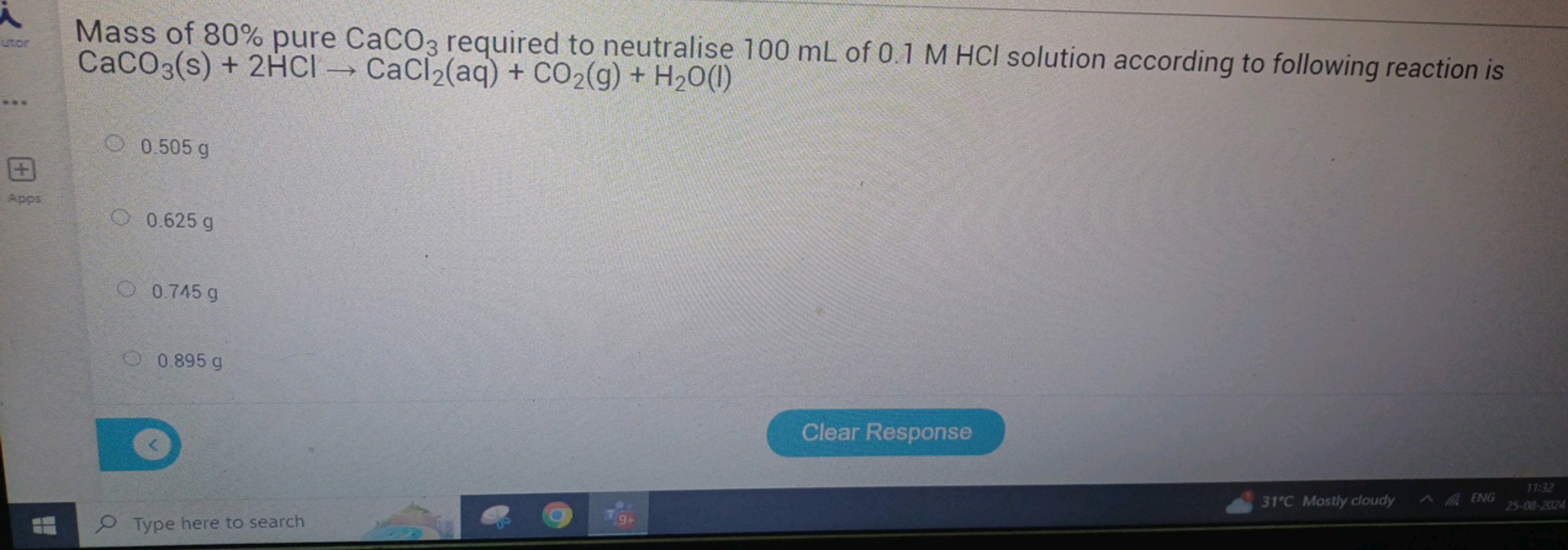 Mass of 80% pure CaCO3​ required to neutralise 100 mL of 0.1 M HCl sol