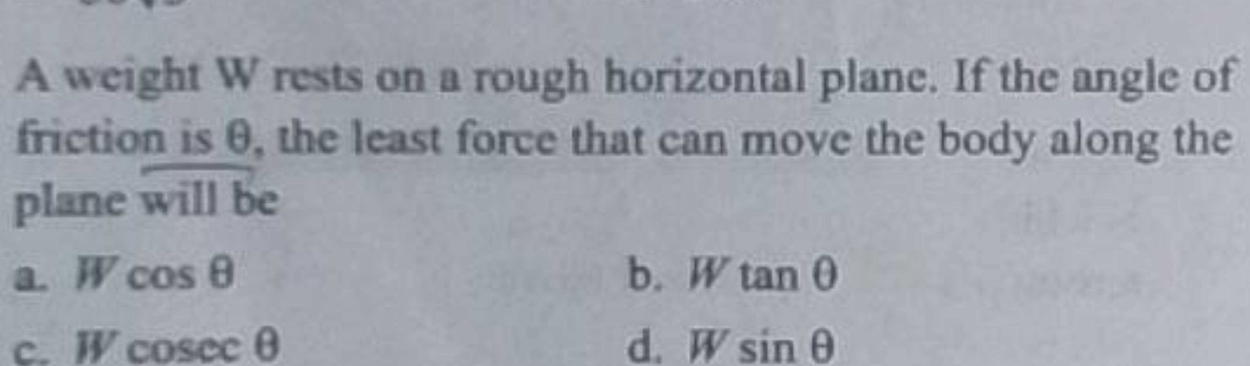 A weight W rests on a rough horizontal plane. If the angle of friction