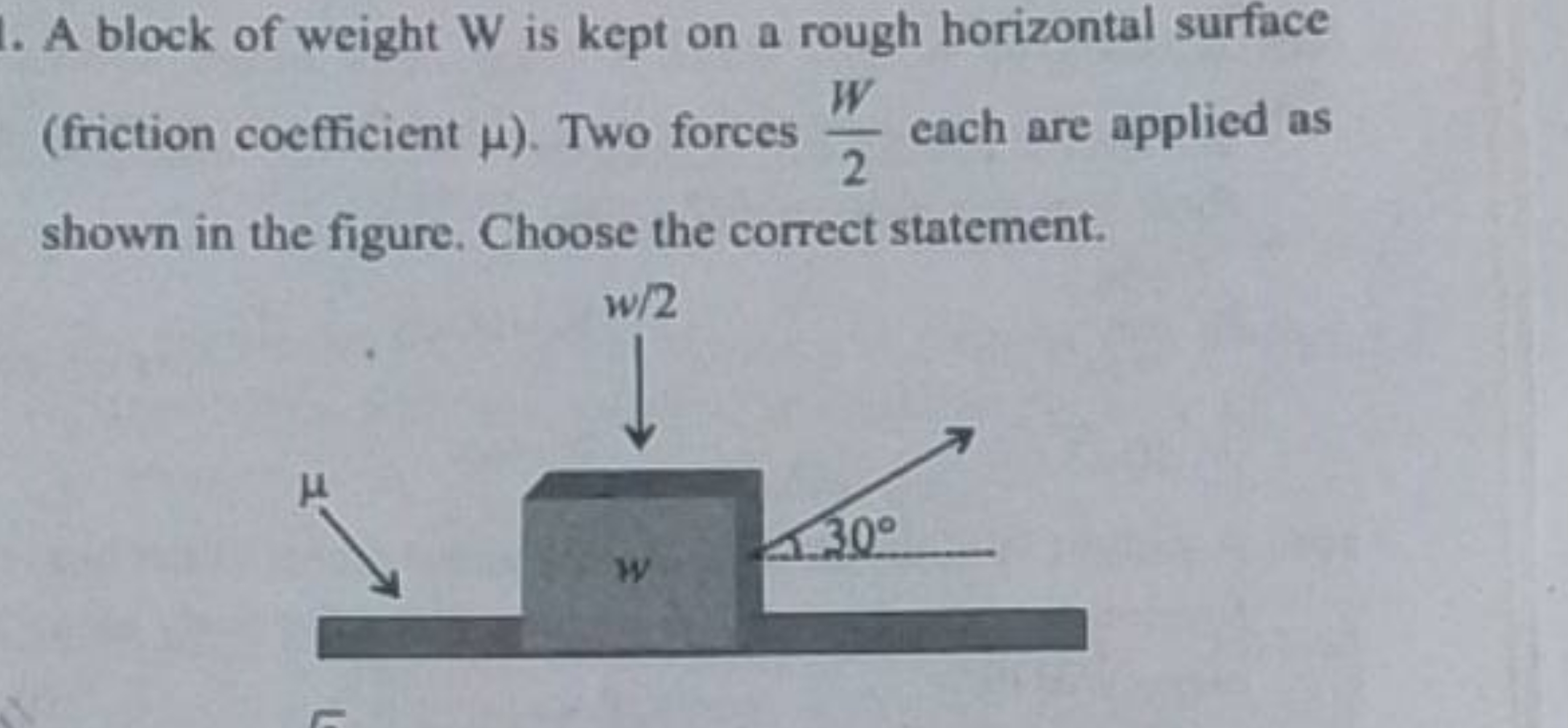 A block of weight W is kept on a rough horizontal surface (friction co