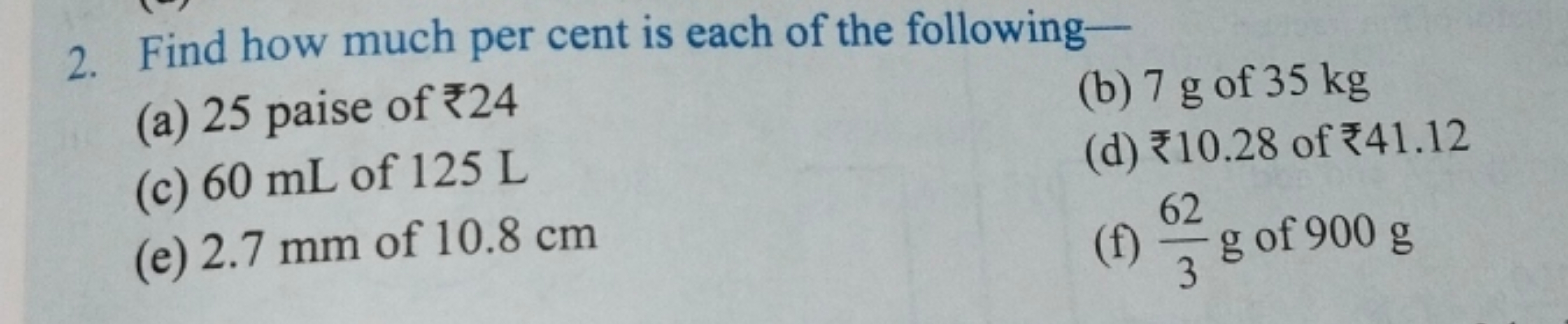 2. Find how much per cent is each of the following-
(a) 25 paise of ₹2