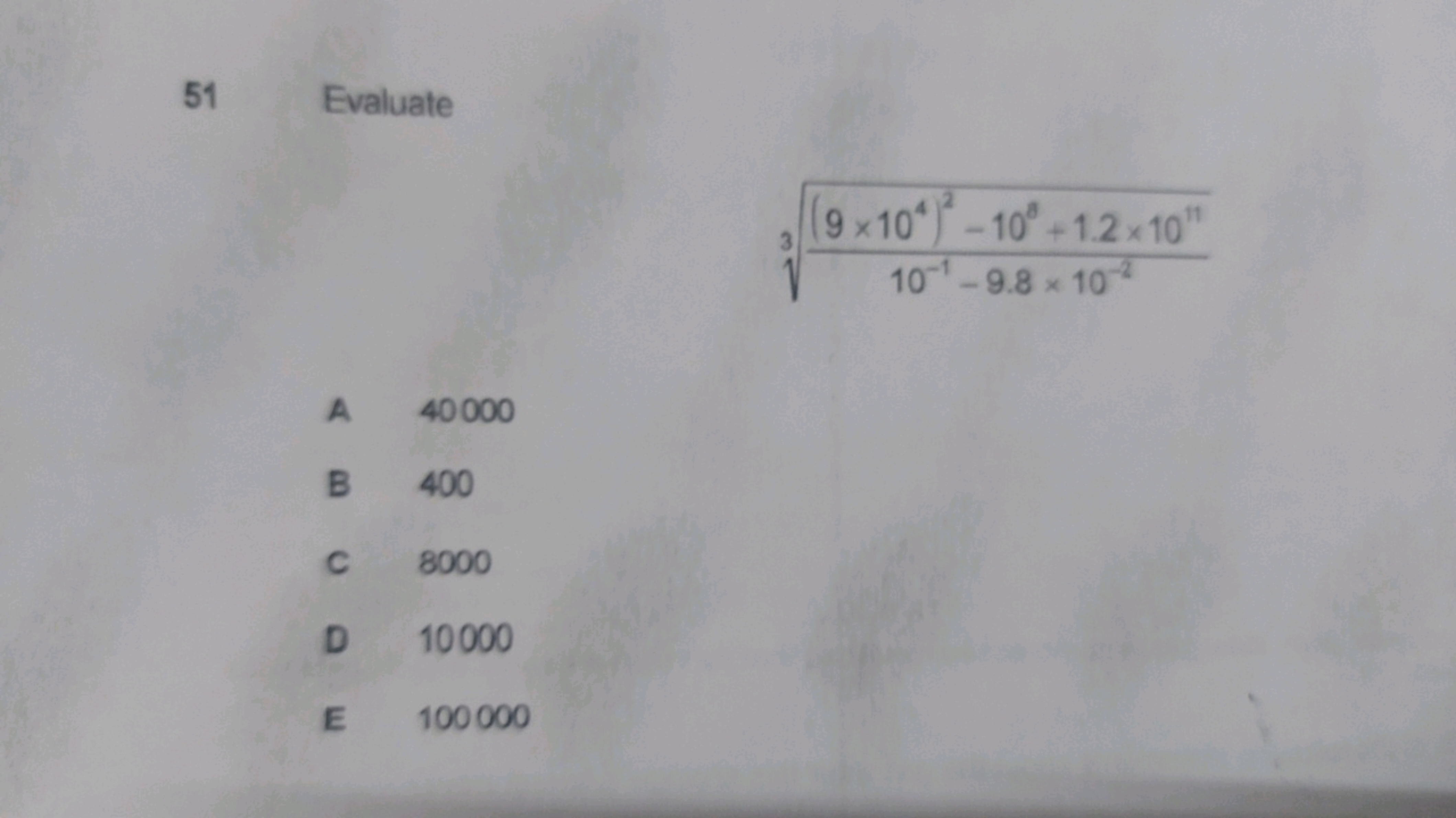 51
Evaluate
\[
\sqrt [ 3 ] { \frac { \left( 9 \times 10 ^ { 4 } \right