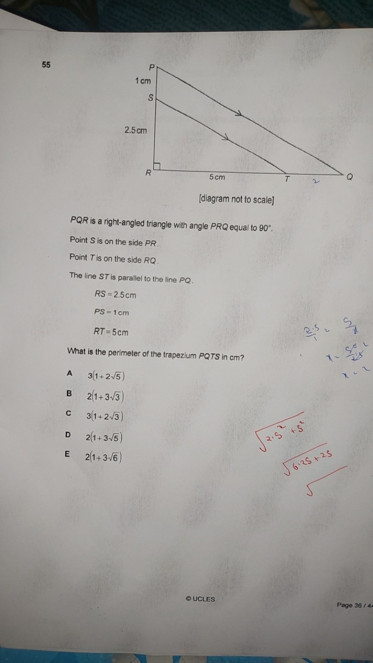 55
PQR is a right-angled triangle with angle PRQ equal to 90∘.
Point S