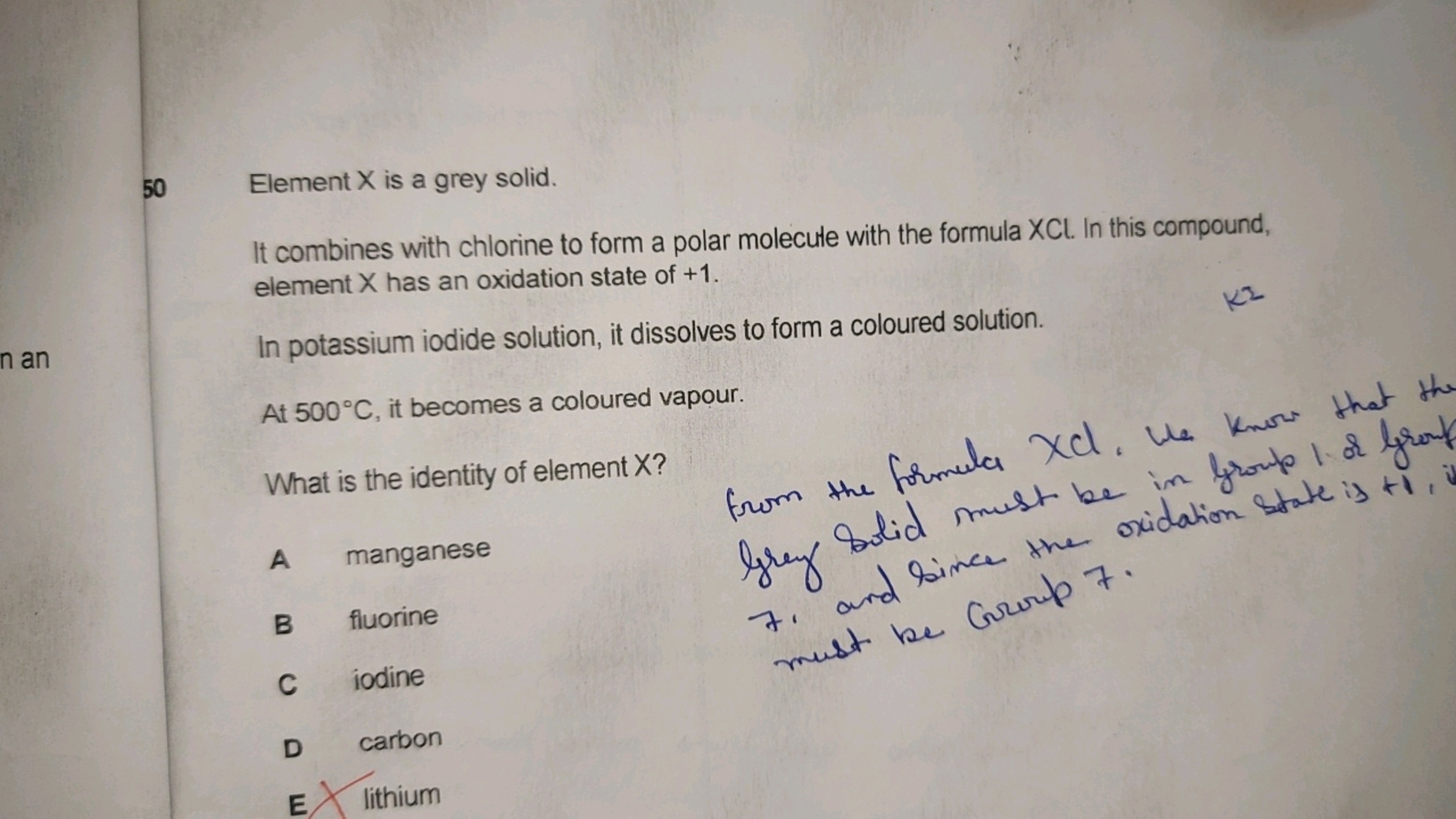 50 Element X is a grey solid.
It combines with chlorine to form a pola