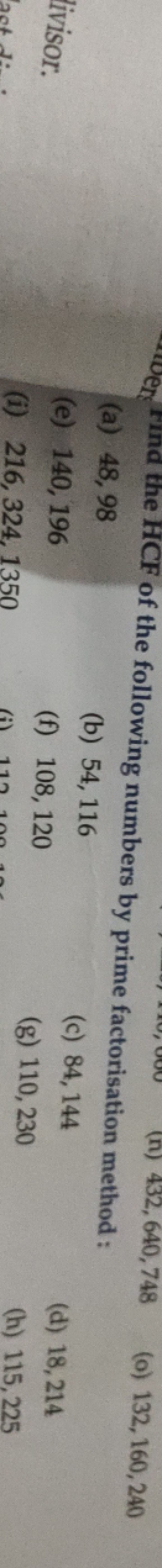 (a) 48,98
(b) 54,116
(e) 140,196
(f) 108,120
(c) 84,144
(g) 110,230
(d