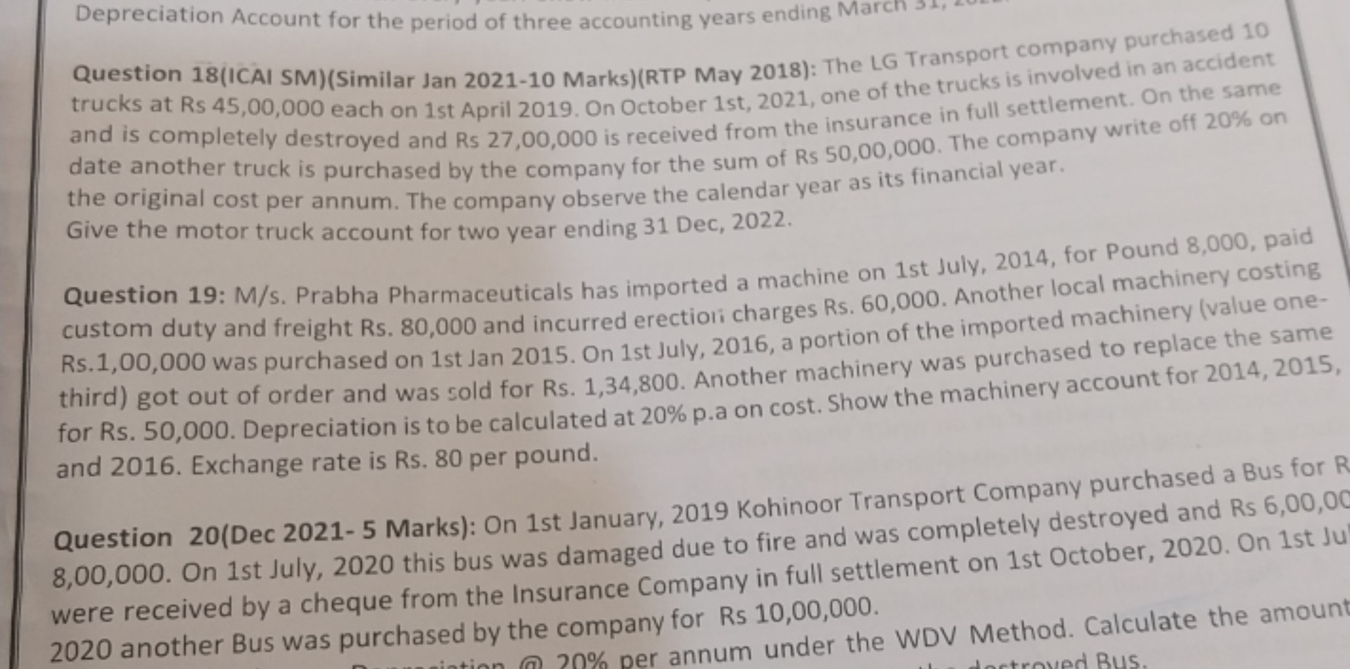 Depreciation Account for the period of three accounting years ending M