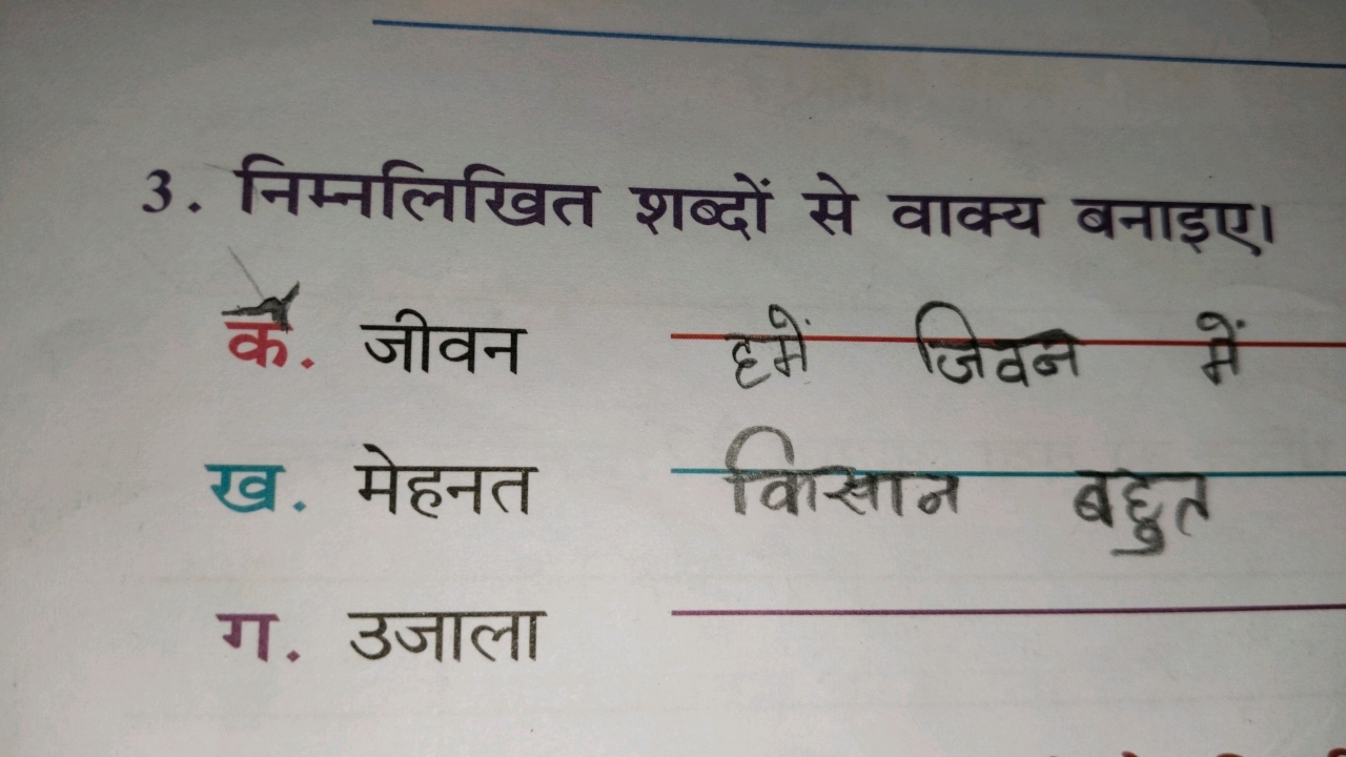 3. निम्नलिखित शब्दों से वाक्य बनाइए। क. जीवन 
ख. मेहनत
किसान बहुत
ग. उ