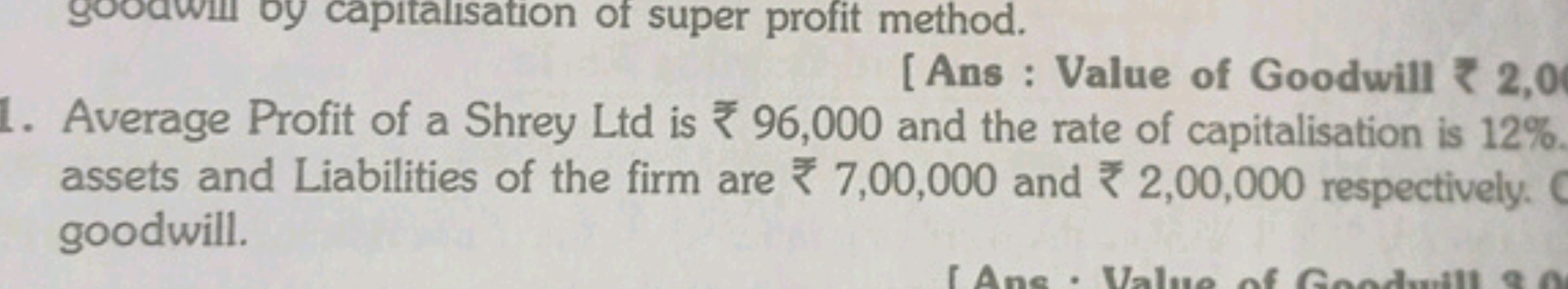 [Ans: Value of Goodwill
by capitalisation of super profit method.
1. A