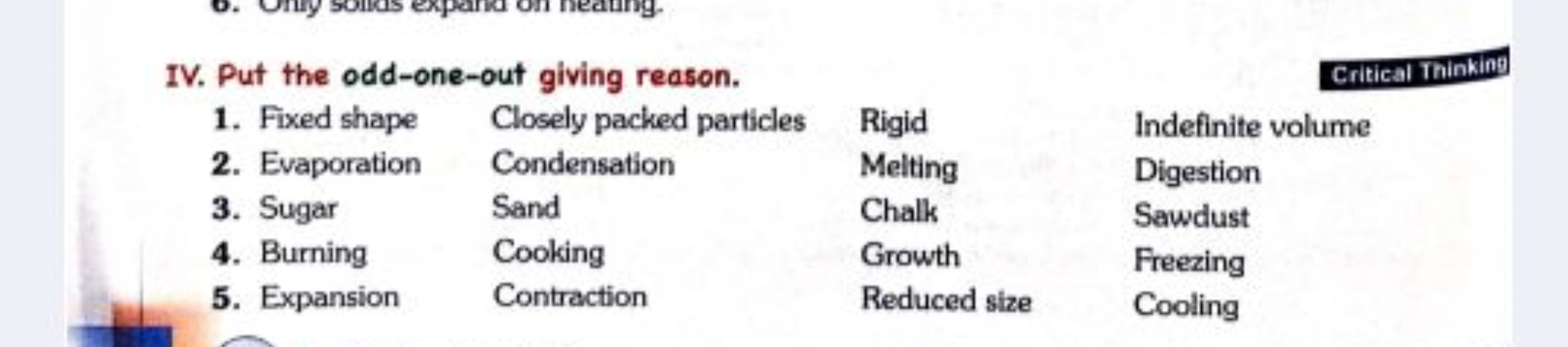 IV. Put the odd-one-out giving reason.
Critical Thinking
\begin{tabula