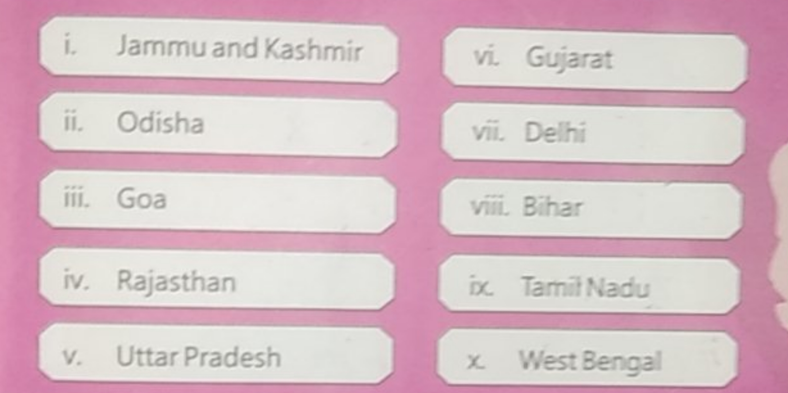 i. Jammu and Kashmir
vi. Gujarat
ii. Odisha
vii. Delhi
iii. Goa
viii. 