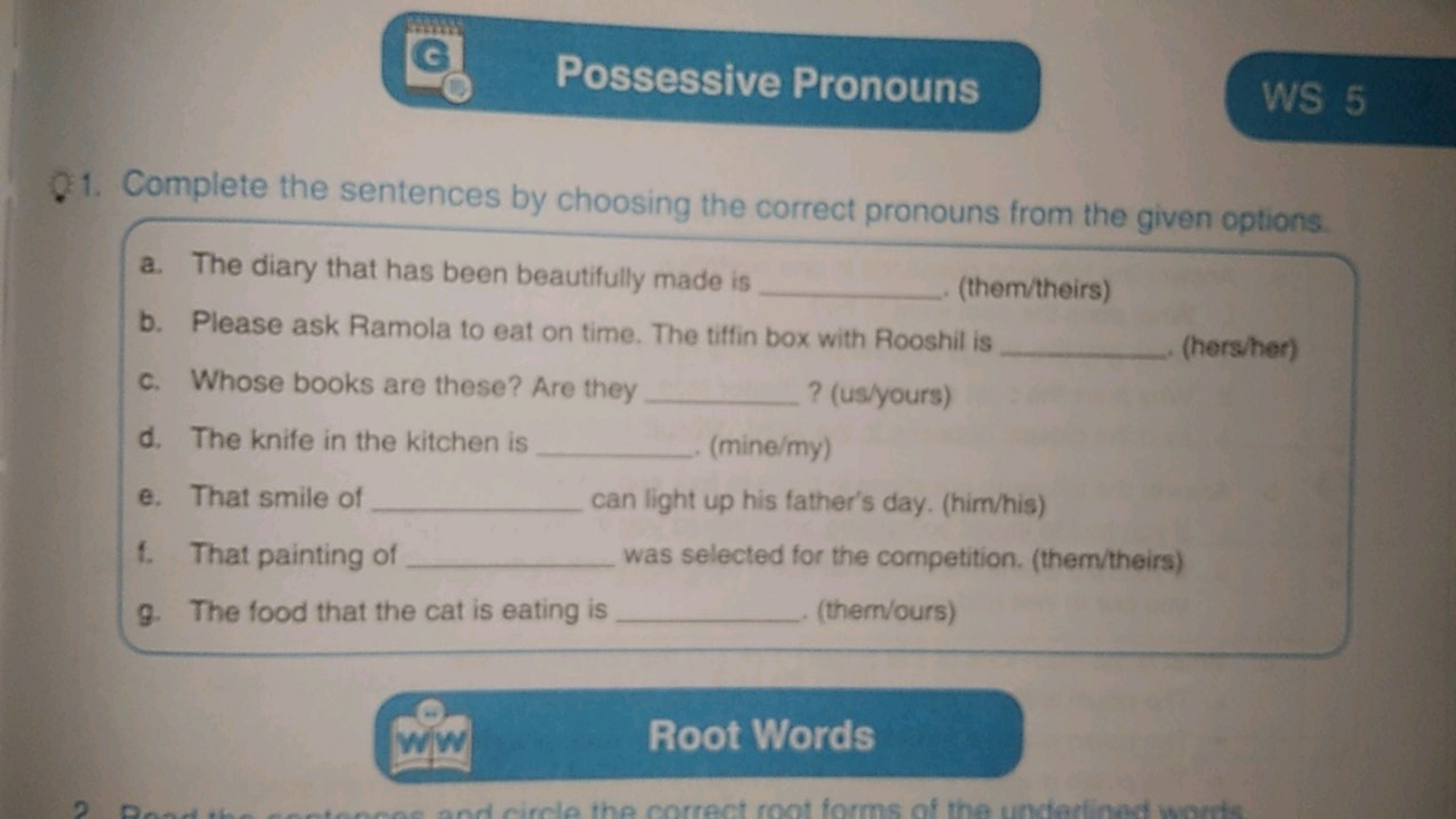 Possessive Pronouns
WB 5

Q1. Complete the sentences by choosing the c