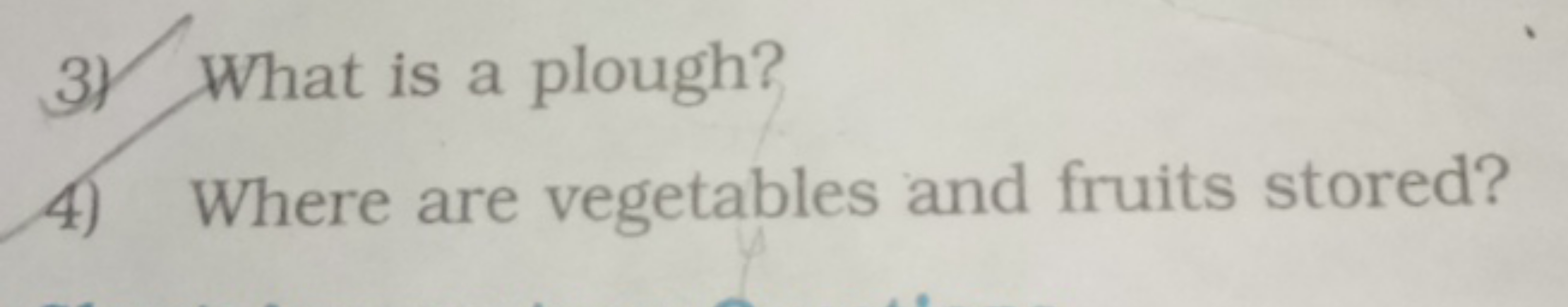 3) What is a plough?
4) Where are vegetables and fruits stored?