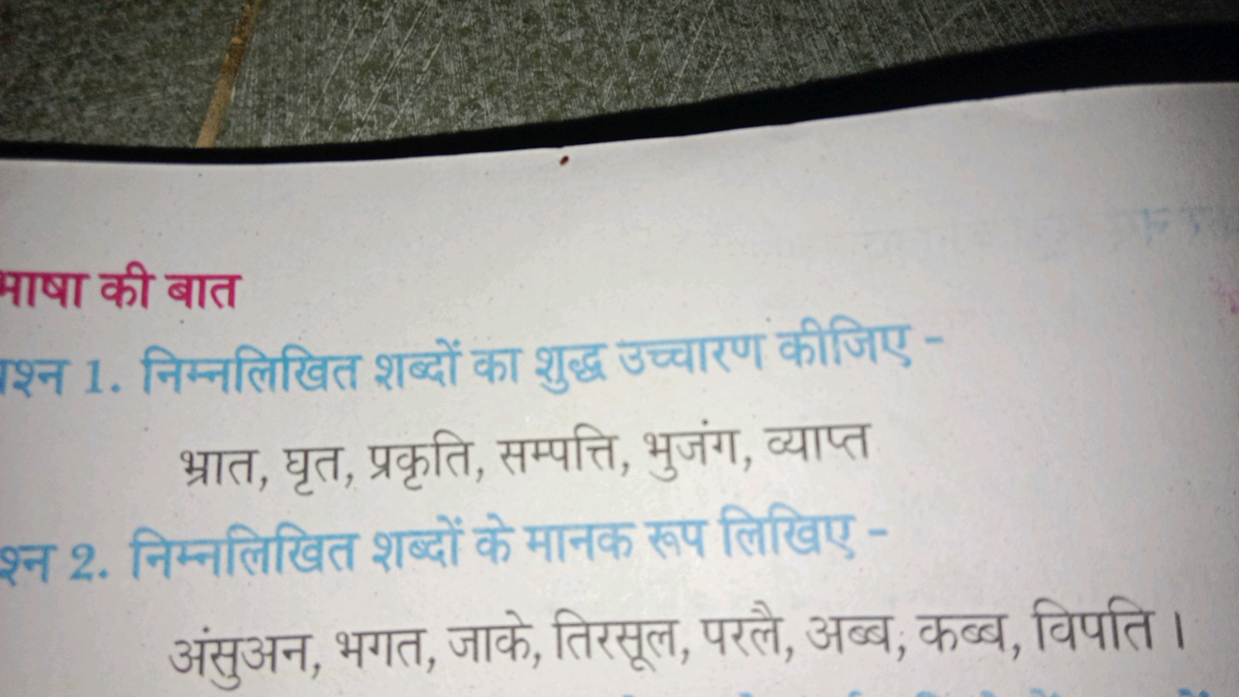 भाषा की बात
श्न 1. निम्नलिखित शब्दों का शुद्ध उच्चारण कीजिए भ्रात, घृत