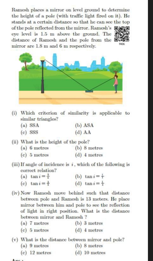 Ramesh places a mirror on level ground to determine the height of a po