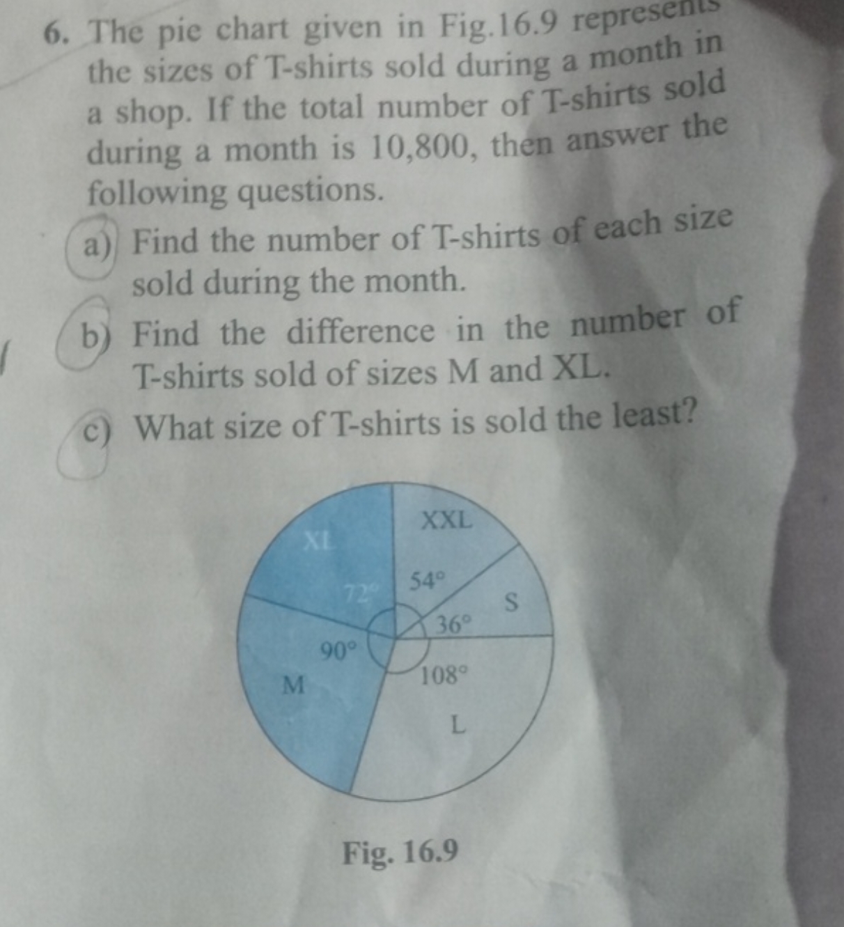 6. The pie chart given in Fig. 16.9 represents the sizes of T-shirts s