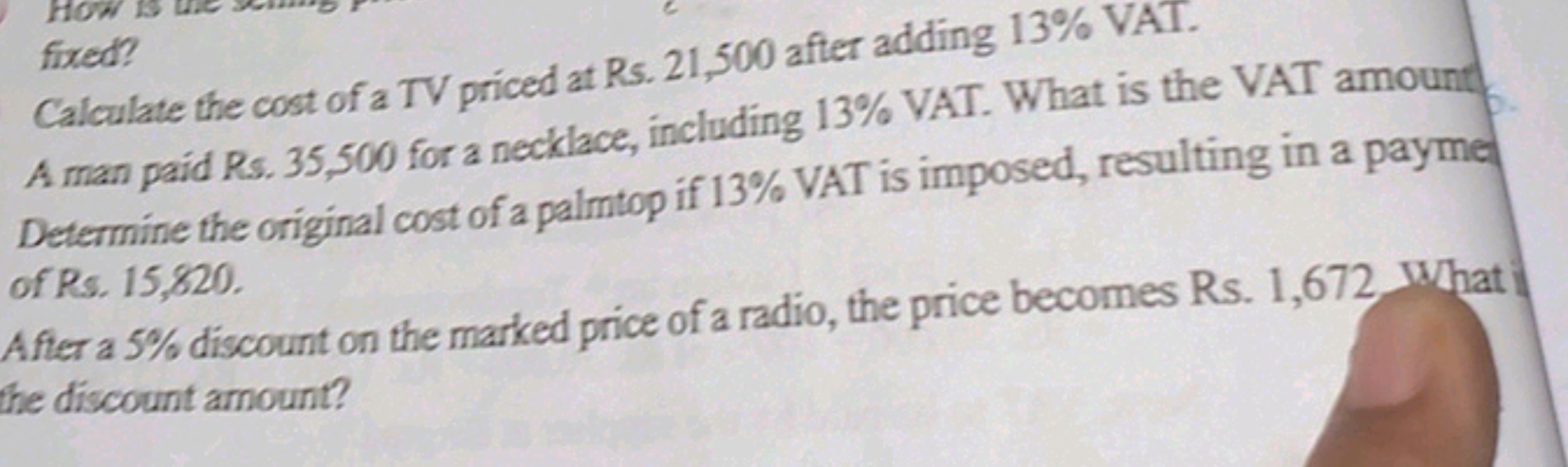 Calculate the cost of a TV priced at Rs. 21,500 after adding 13% VAT.
