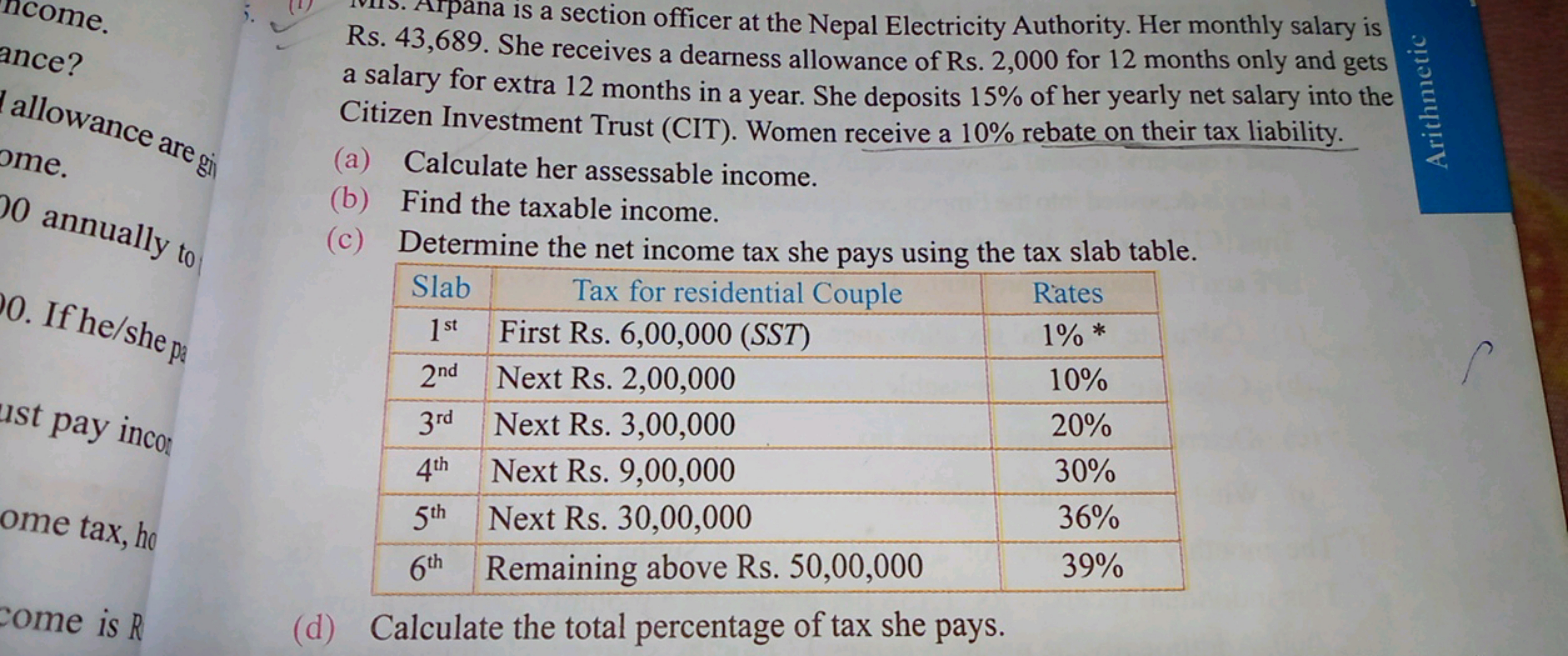 (a)
(b)
Find the taxable income.
(c)
Slab
0. If he/she pa
1st First Rs