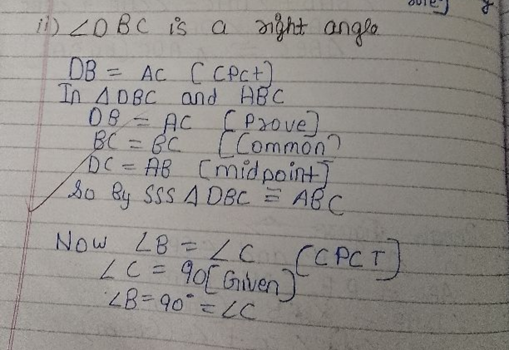 ii) ∠OBC is a right angle
DB=AC ( CPCt)
In △DBC and ABC
OB=AC [Prove]
