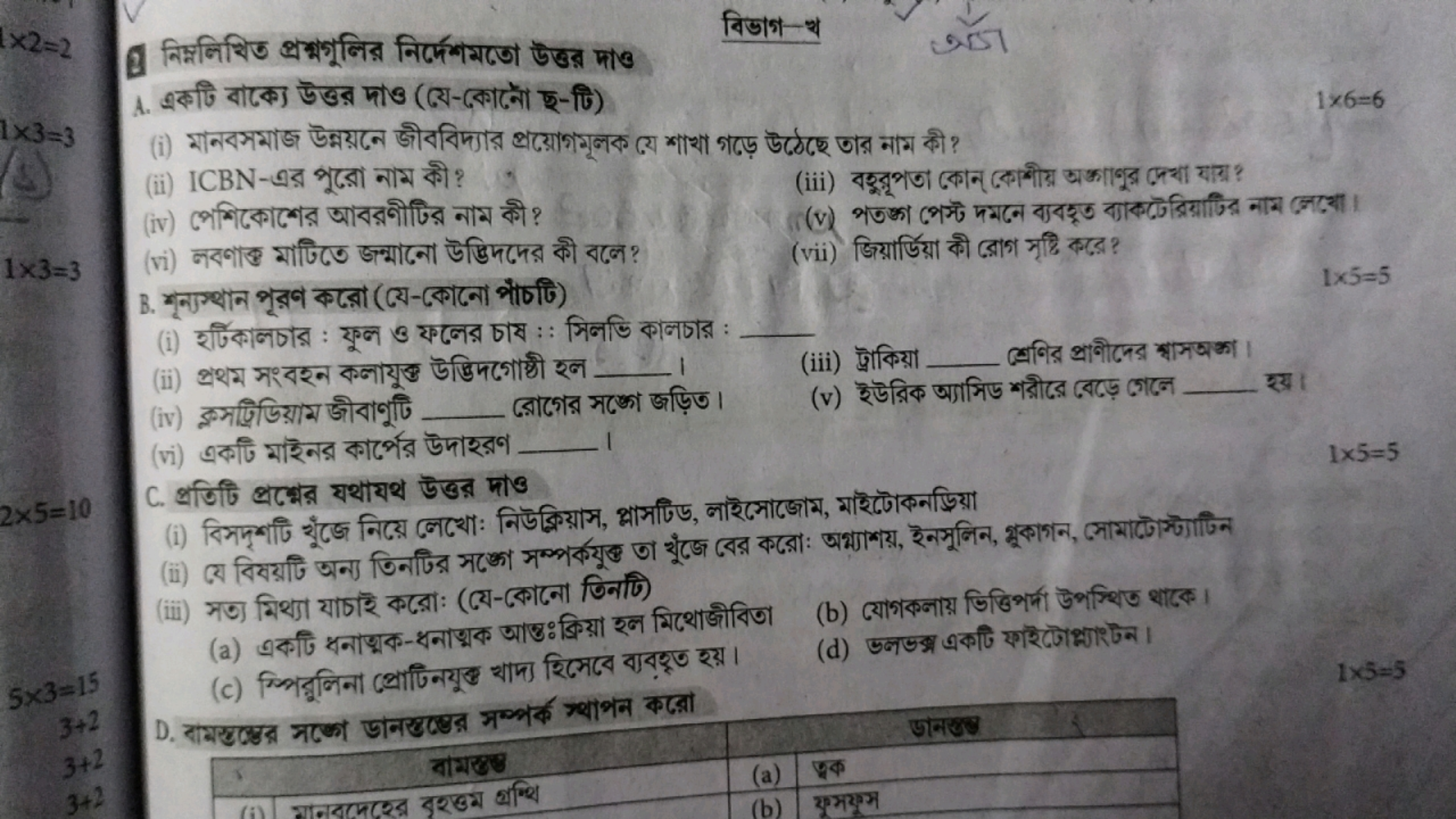 1. निम्नलिशिত প্রশ্মभूलिর निर्मেশমडো উত্তর দाও
विडाभ-थ
1×6=6
(i) মাनবস