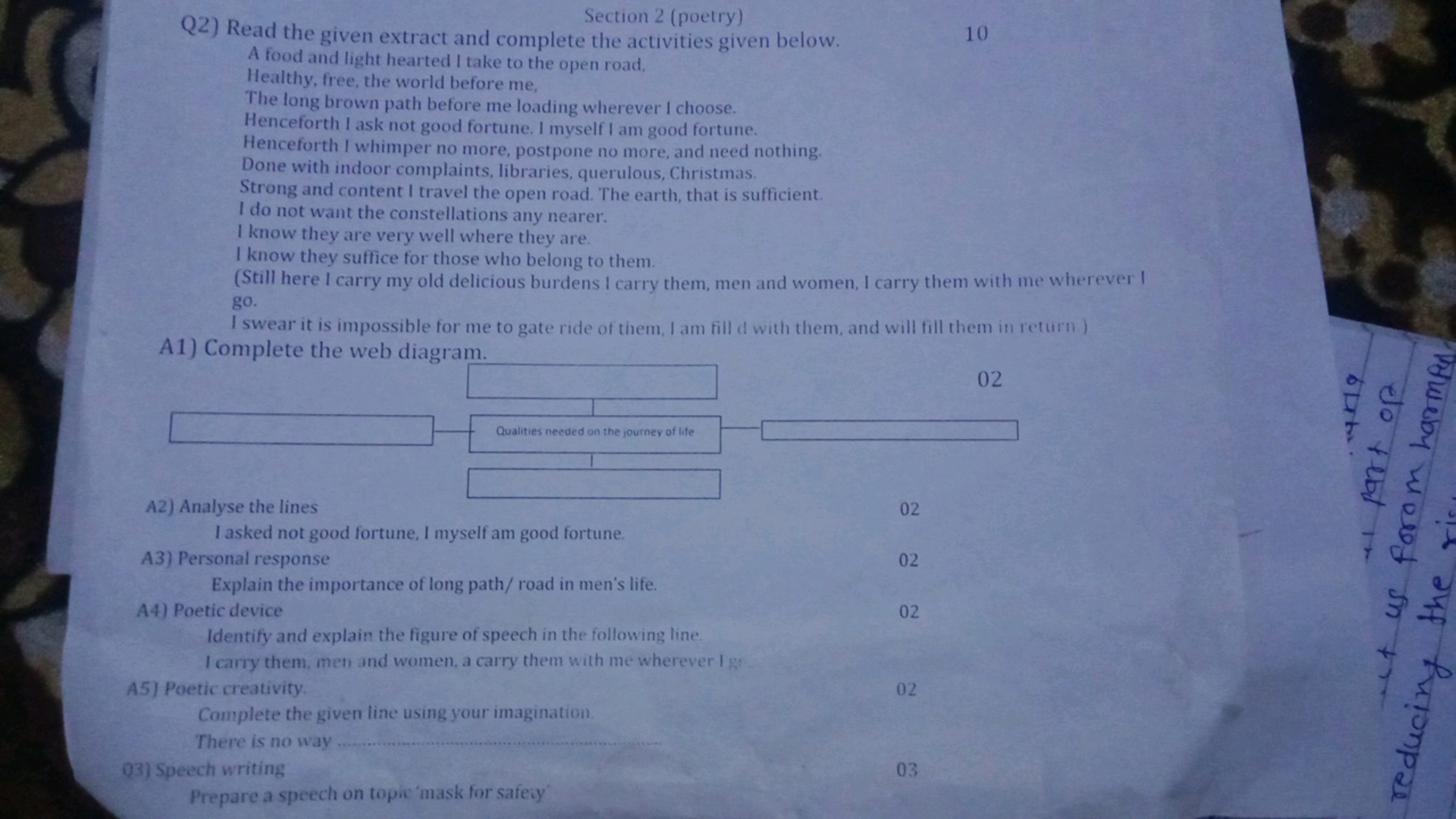 Section 2 (poetry)
Q2) Read the given extract and complete the activit