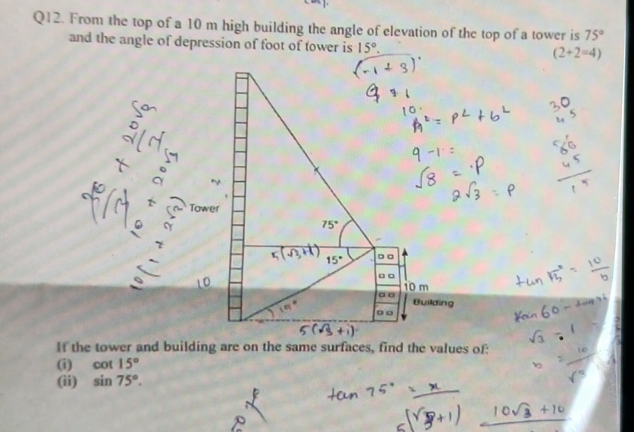 Q12. From the top of a 10 m high building the angle of elevation of th