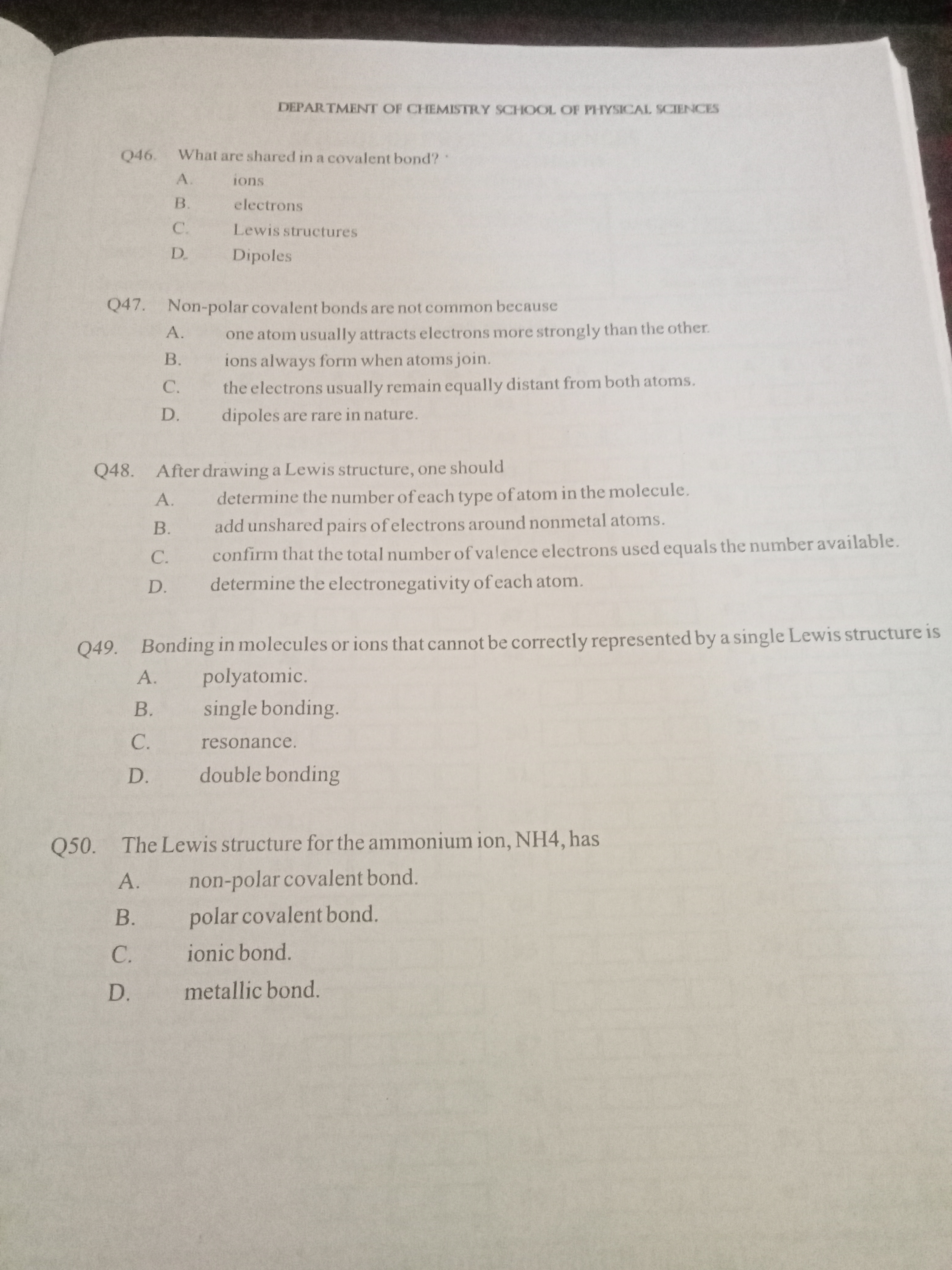 DEPARTMENT OF CHEMISTRY SCHOOL OF PHYSICAL. SCIENCES

Q46. What are sh