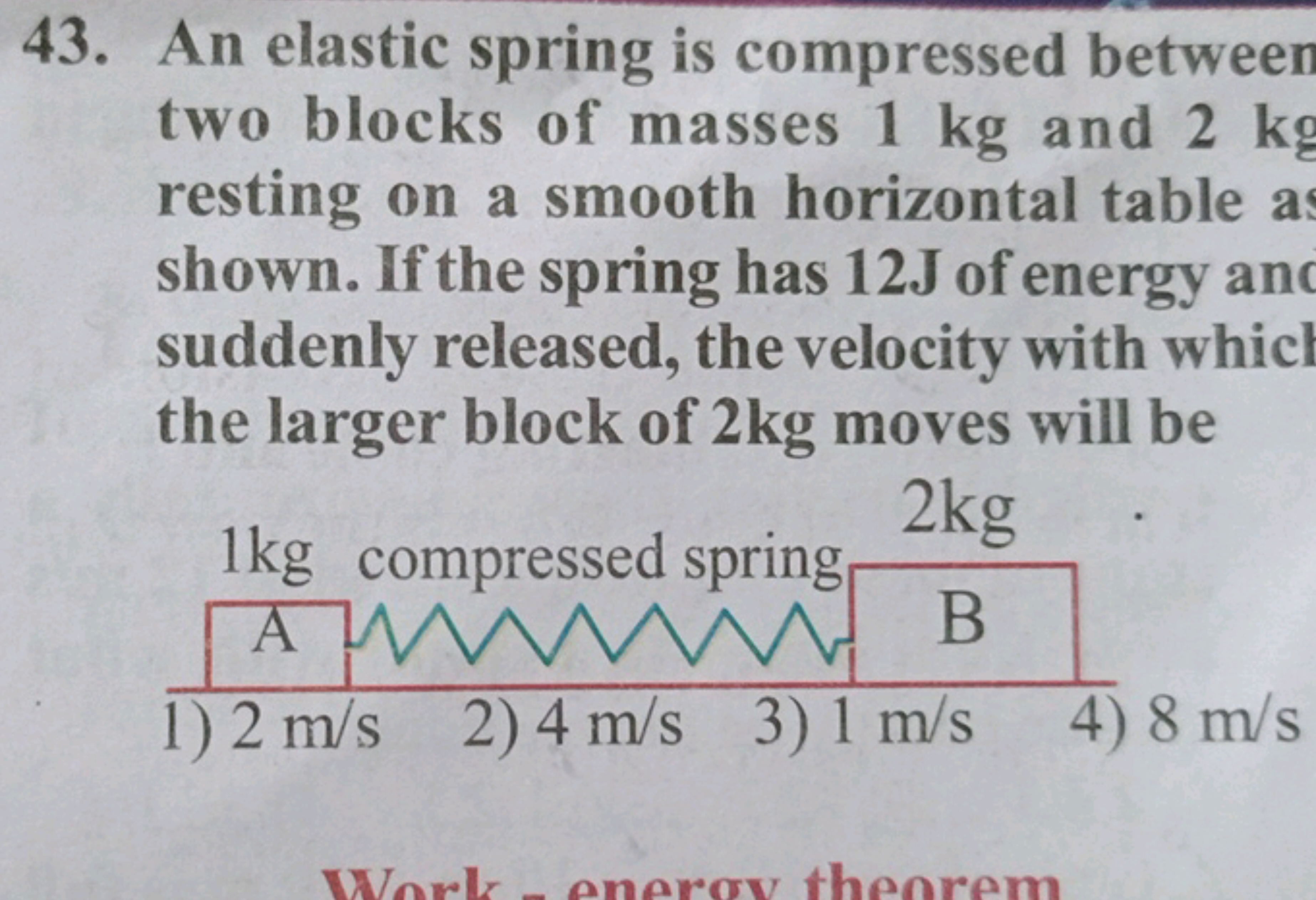 43. An elastic spring is compressed between two blocks of masses 1 kg 